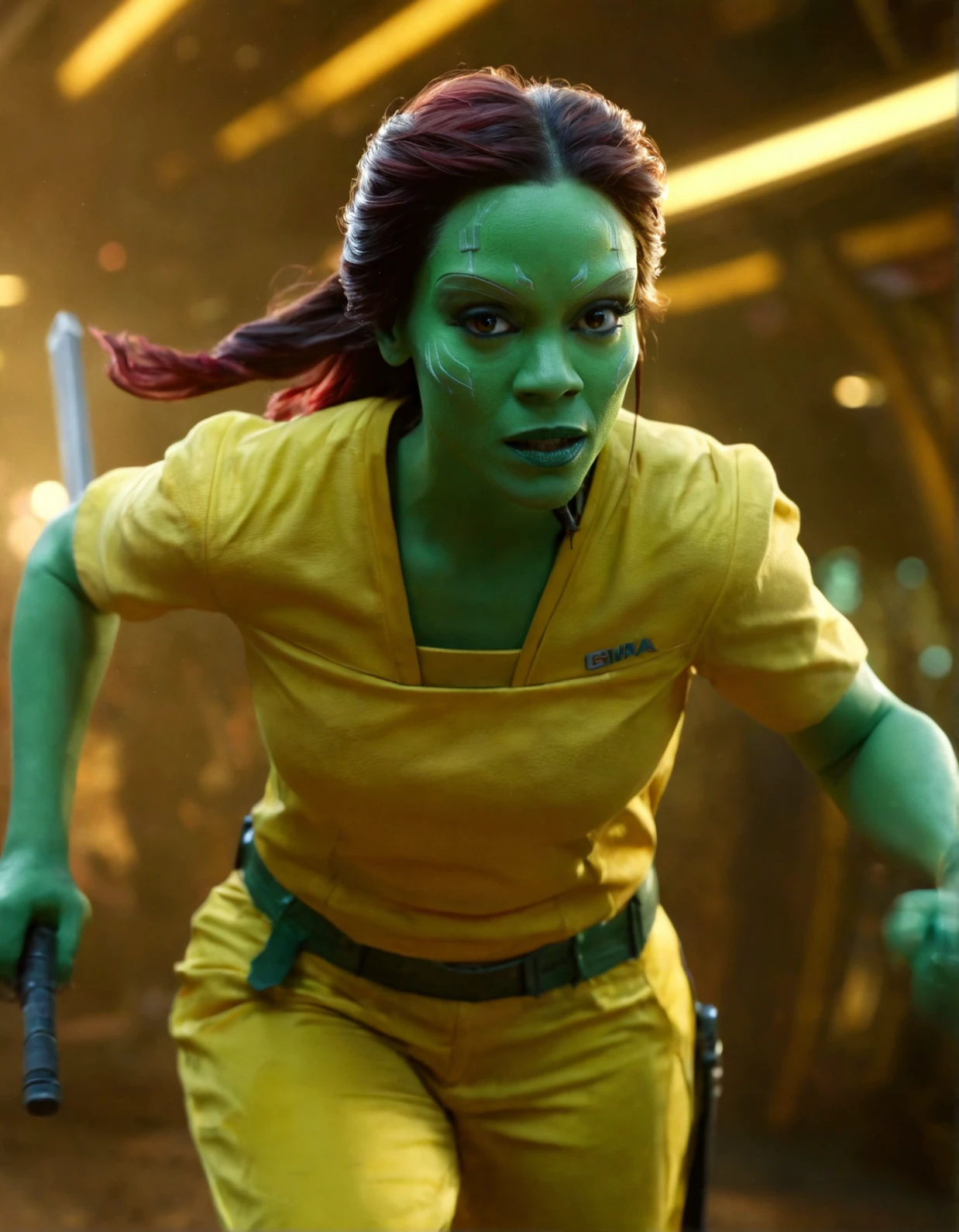 high resolution photo of gmra woman,close-up,running,volumetric lighting,yellow uniform,ponytail,cinematic,film grain,realistic skin,pores,front view,depth of field,cosmic space background,holding a sword,front view,looking at viewer