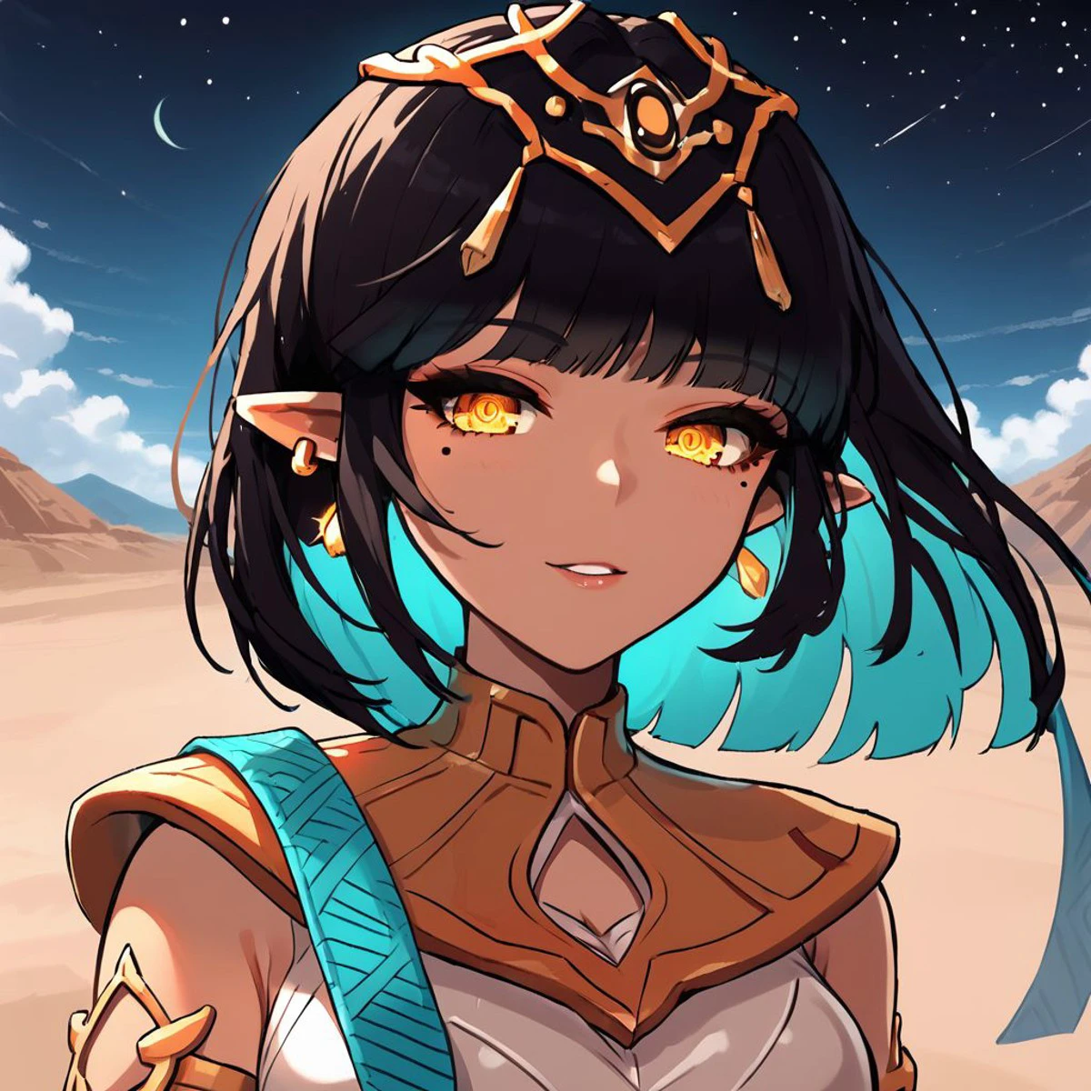 insanely detailed, best quality, best definition, perfect anatomy, perfection, gorgeous, beautiful, masterpiece, 4k quality, Khali, MSKhali, khali (maplestory), female, girl, woman, amber eyes, gold eyes, golden eyes, yellow eyes, two tone hair, twotone hair, two-tone hair, multicolored hair, multi-colored hair, black and blue hair, black and cyan hair, black hair with blue inner bangs, black hair with cyan inner bangs, medium hair, straight hair, bangs, pointy ears, long ears, eyelashes, beauty spot, beauty mark, fair skin, caramel skin, athletic skin, alethic skin, golden earrings, gold earrings, gold tiara, golden tiara, golden headband, gold headband, slightly tanned skin, desert background, stars in the sky, night sky backkground, BREAK, score_9, score_8_up, score_7_up, score_6_up