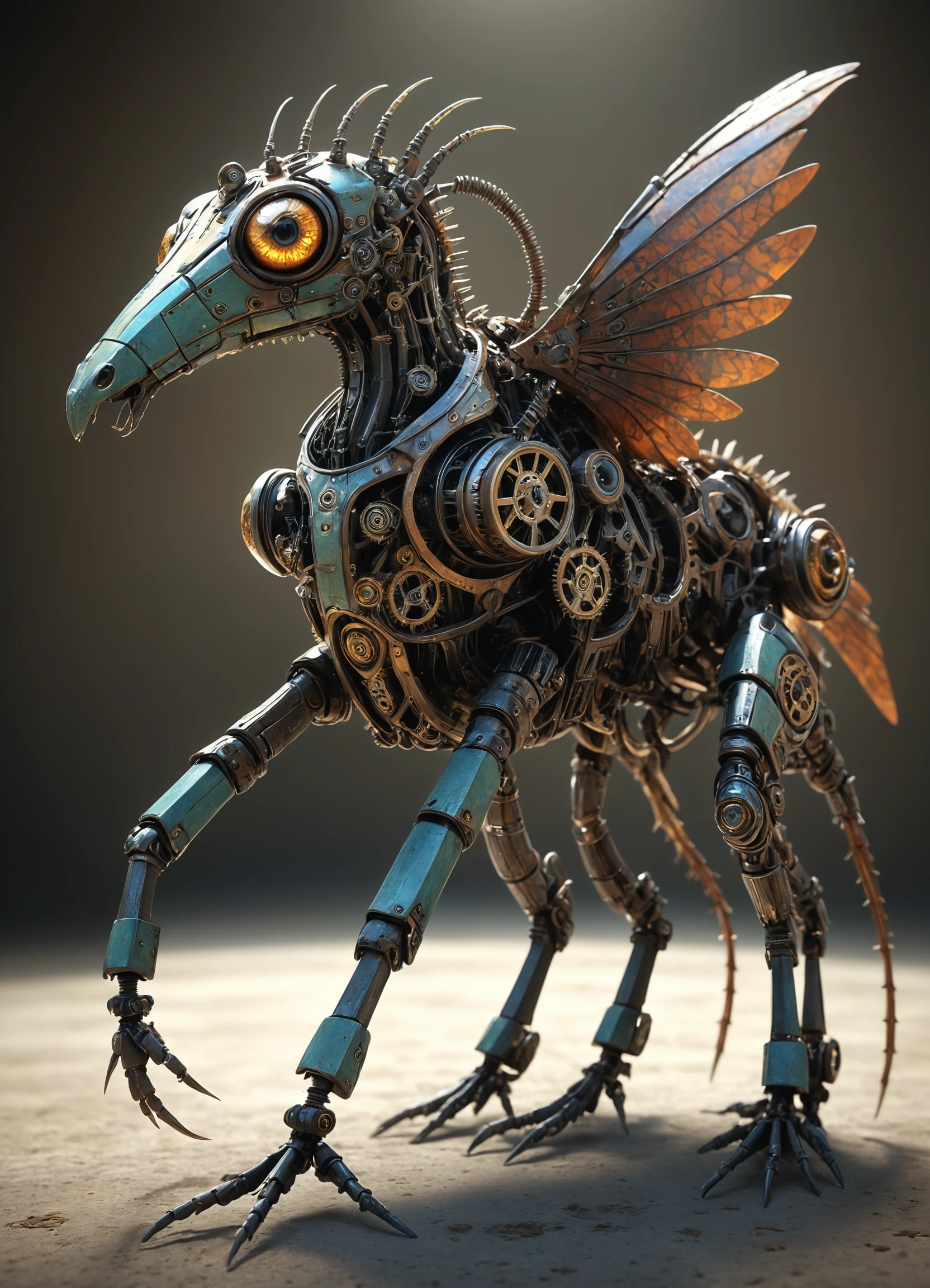 <lora:TheWeirdies_epoch_10:0.78> no humans, animal focus, Small Roaming fantasy Geometric Equine, Hexapod Armless, Multi-Jointed Appendages, Spiked-Tailed, Slick Skin, Mechanical Wings made of gears and cogs and clockwork, Double-Jointed Jaw Rust Spore Print <lora:add-detail-xl:1>