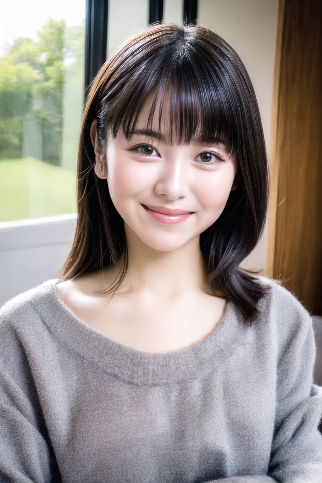 masterpiece,best quality,realisic skin details,portrait,upper body,cute girl,looking to the viewer,asian,pale skin,beautiful,living room,looking at viewer,wooden house,white outfitbangs,<lora:MinamiHamabe-v1:0.9>,minamehamab3,<lora:add_detail>,smile,