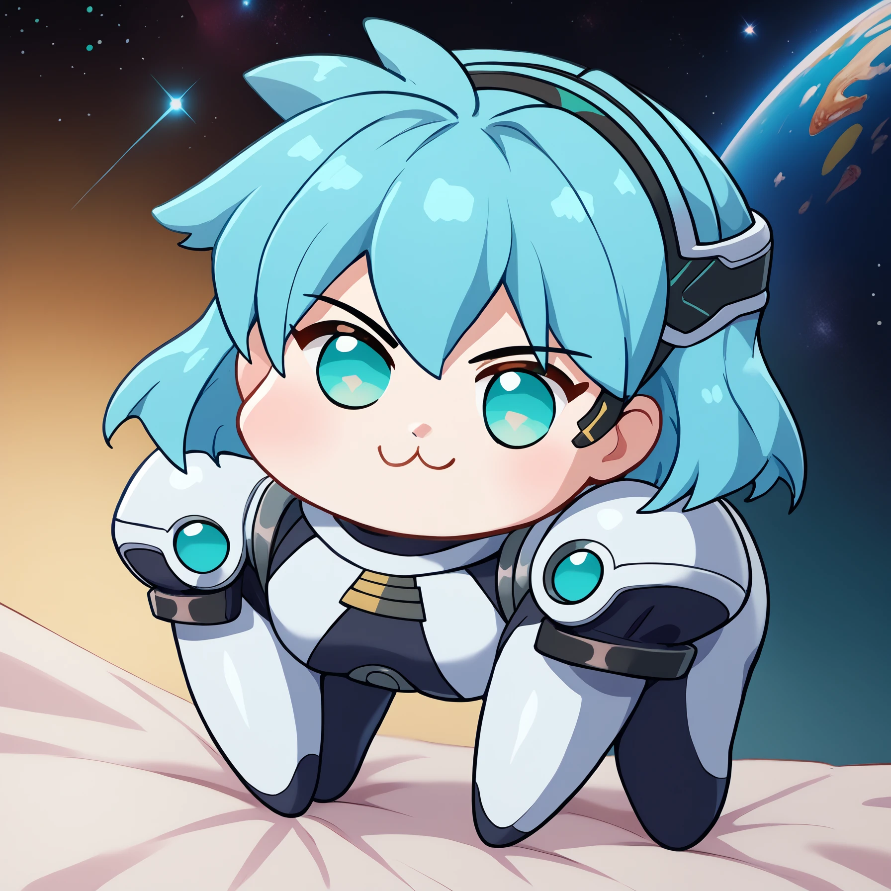 score_9, score_8_up, score_7_up, BREAK 1girl, solo, mgisb, aqua eyes, aqua hair, short hair, <lora:MeiaGisbornPDXL_V1-Manityro-CAME:1.0>,
eyepiece, headband, two-tone bodysuit, shoulder armor,
<lora:Doro_X_PDXL_V1:1.0>, doro, creature, :3, chibi, no humans, four legs, solid circle eyes, no pupils, all fours, smug,
space, stars, floating, science fiction,