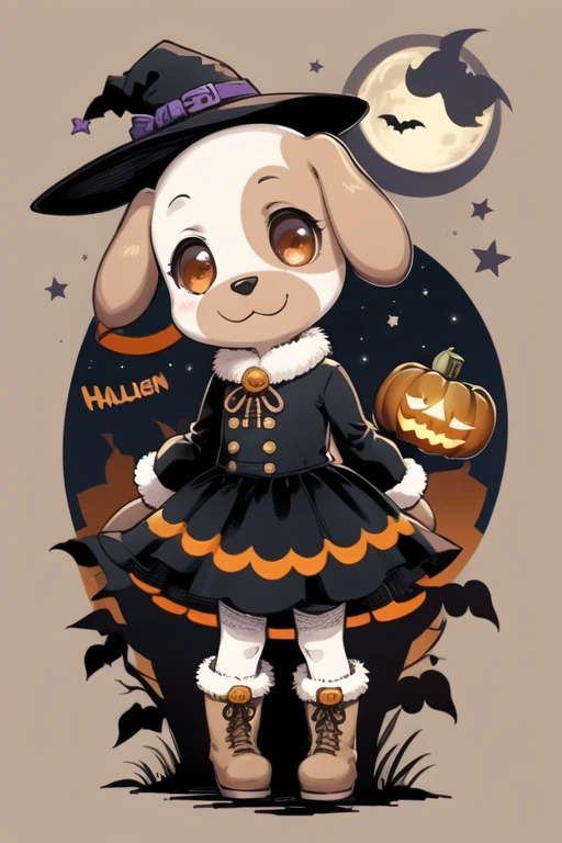 1girl, solo, female focus, best quality, <lora:trg_goldie_v1:1>, bald, no hair, full_body, dog ears, furry, furry female, tail, brown eyes, yellow fur:1.4, animal ears, colored sclera, looking at viewer, smile, halloween, halloween costume, chibi, <lora:inkwash:0.4> inkwash, park, tree, grass, witch hat, jack-o'-lantern, night, moon, boots