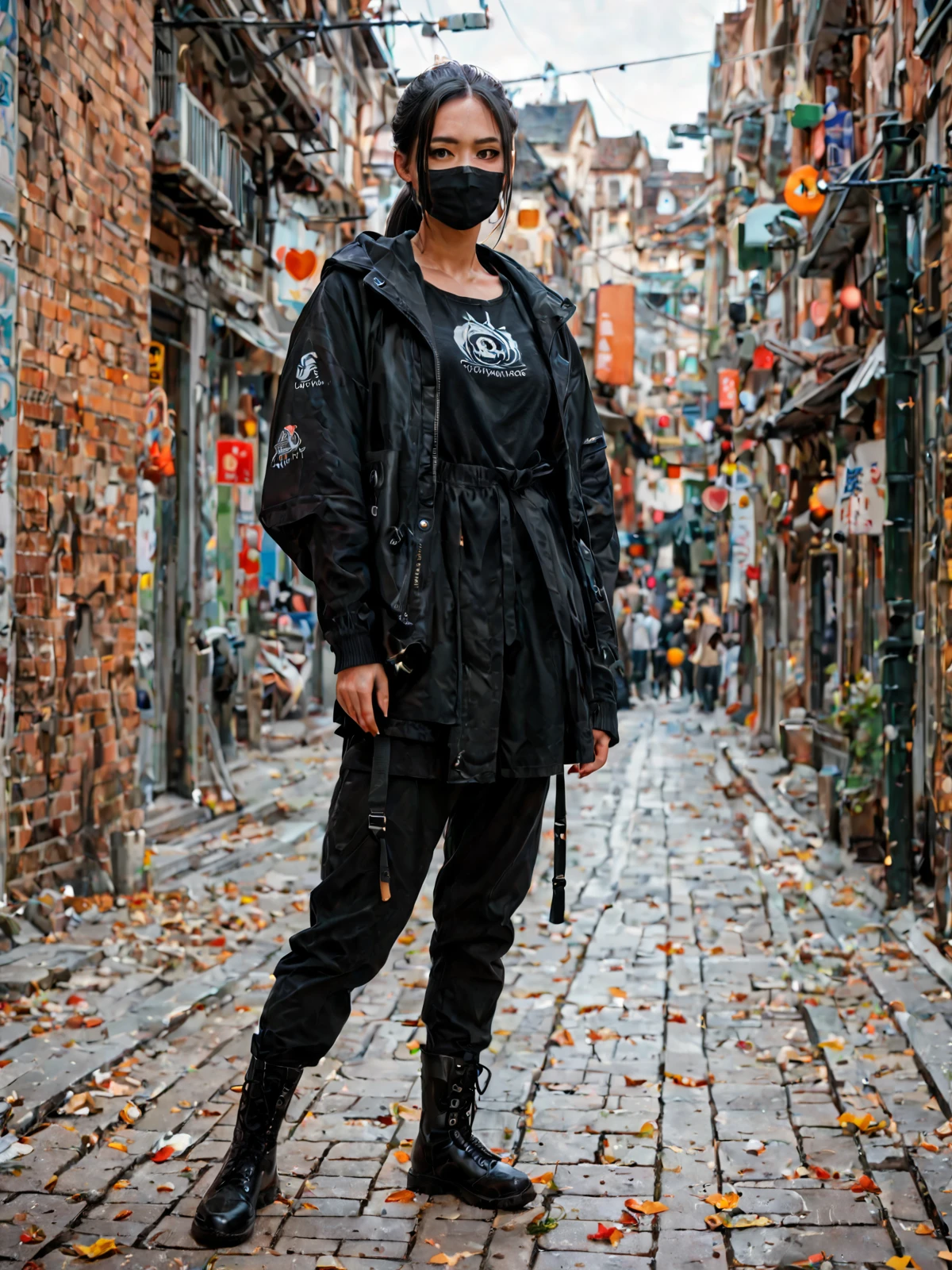 score_9, score_8_up, score_7_up, PDXL, <lora:sc3n3ryXLP:0.5>, <lora:TechwearV1:0.75> , techwear, dark clothing, full body, 
1girl, japanese, cute face, detailed eyes, long black hair in a ponytail, black facemask, knee high black boots, standing in the middle of a city