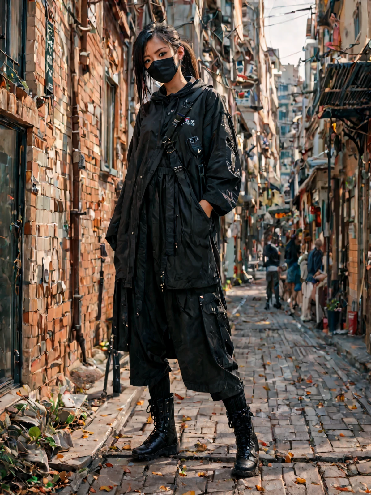 score_9, score_8_up, score_7_up, PDXL, <lora:sc3n3ryXLP:0.5>, <lora:TechwearV1:0.75> , techwear, dark clothing, full body, 
1girl, japanese, cute face, detailed eyes, long black hair in a ponytail, black facemask, knee high black boots, standing in the middle of a city