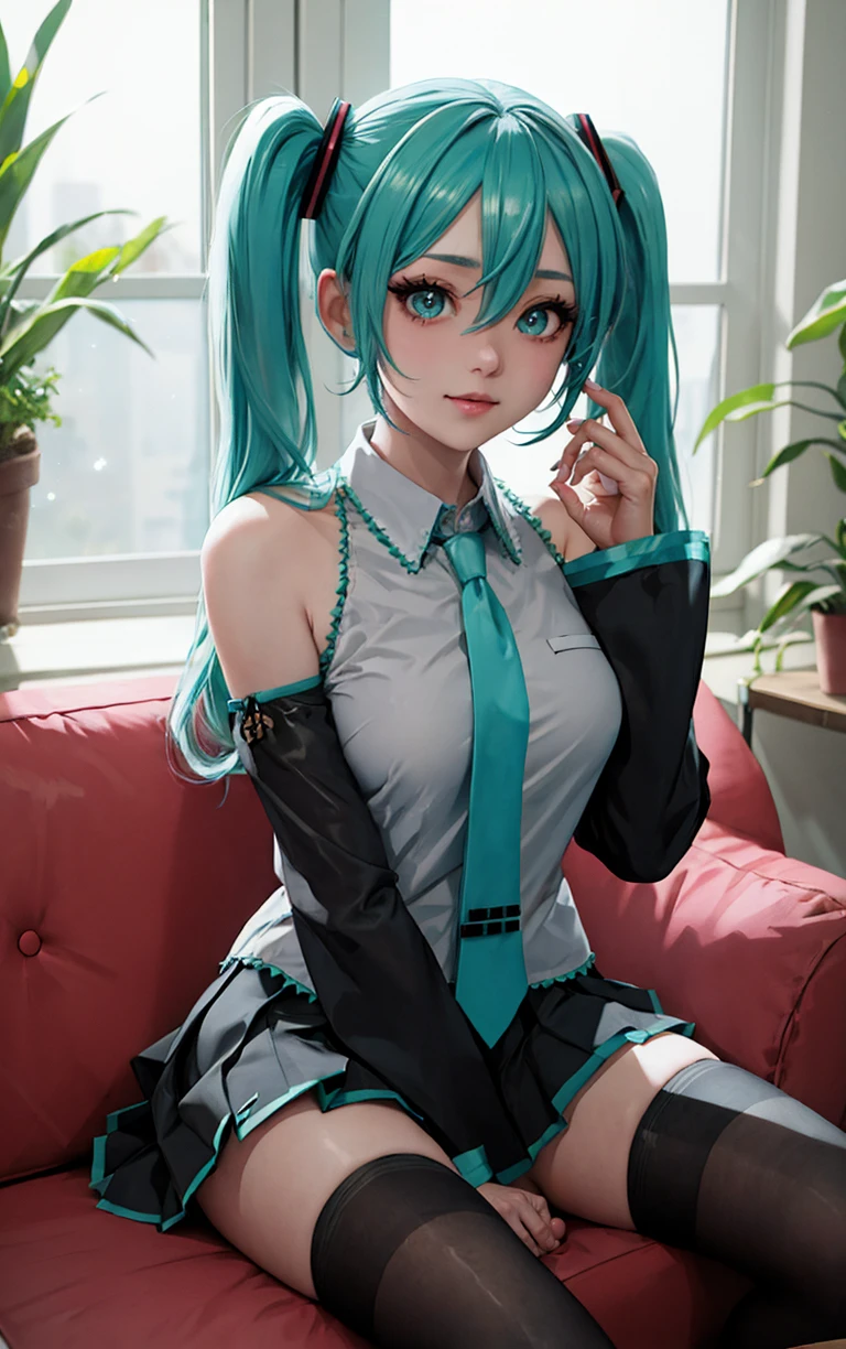 ((masterpiece, best quality)), insaneres, absurdres, solo, looking at viewer, 
MainOutfit_HatsumeMiku_ownwaifu, 
1girl, aqua eyes, aqua hair, hatsune miku, twintails, very long hair, hair ornament, bangs, hair between eyes, shoulder tattoo, medium breasts, shiny hair, number tattoo, eyelashes, bright pupils,
detached sleeves, sleeveless shirt, bare shoulders, black sleeves, aqua necktie, collared shirt, black skirt, pleated skirt, grey shirt, miniskirt, black thighhighs, zettai ryouiki, long sleeves, wide sleeves, sleeves past wrists, frills, wing collar, 
(sitting, spread legs), couch, window shade, <lora:ANIME_HatsumeMiku_ownwaifu:0.9>,
 depth of field, light particles,