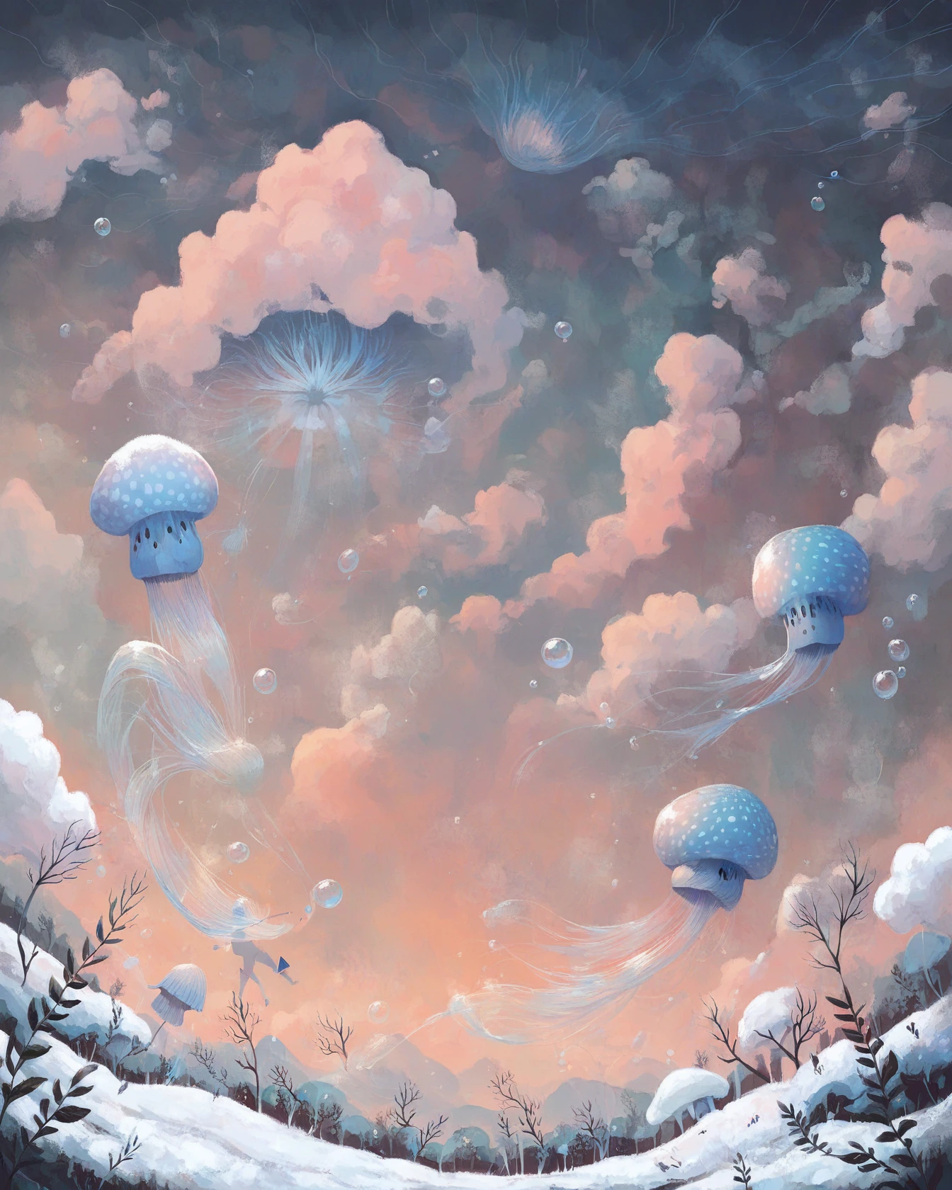 (score_9, score_8_up, score_7_up:1.1), score_6_up, score_5_up, score_4_up, <lora:FantasyIllustration:1>, air bubble, bare tree, cloud, jellyfish, nature, outdoors, sky, snow