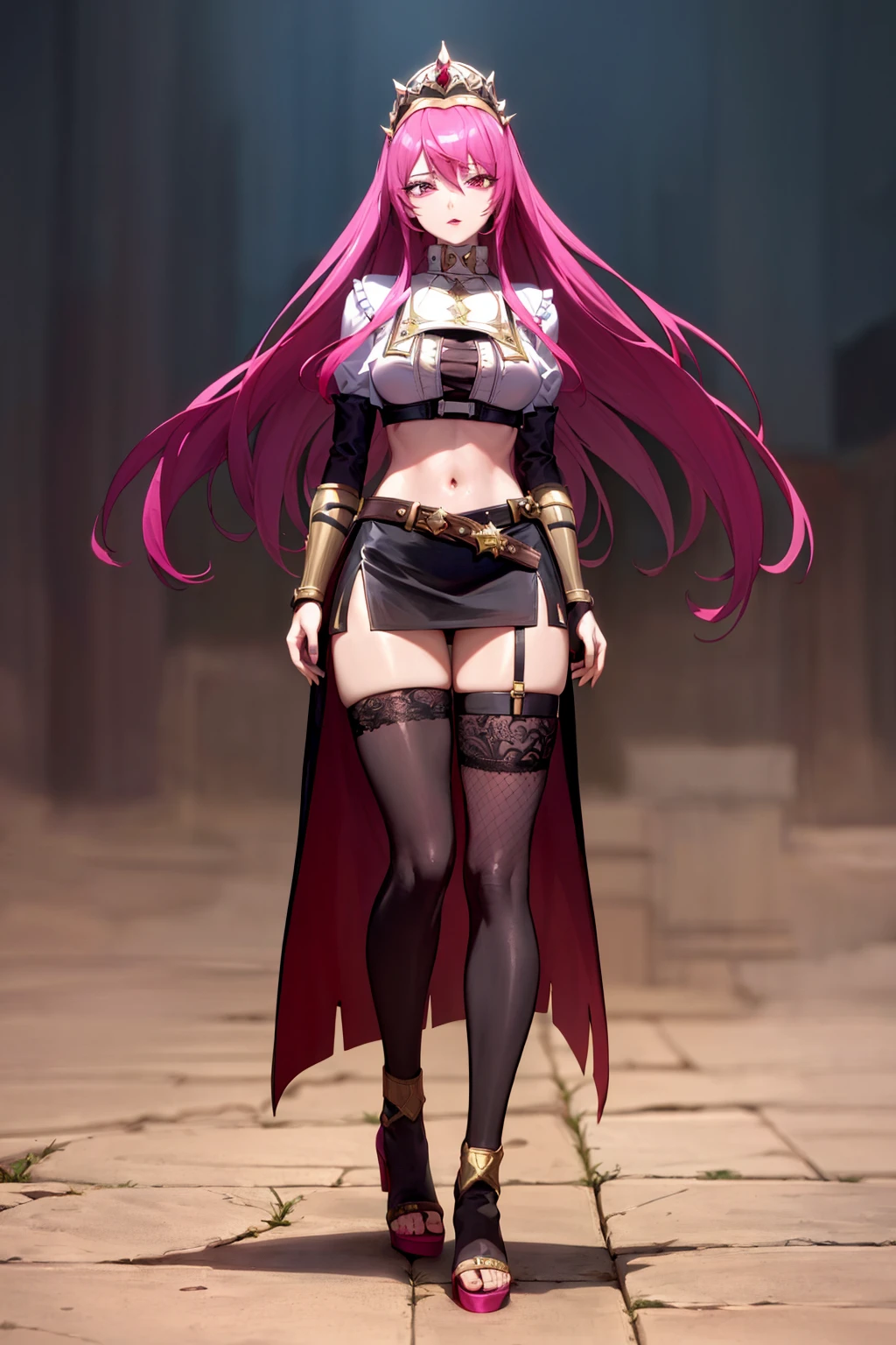 an accurate and detailed full body shot of a young adult female character named Rosaltis, a determined and mysterious aura, (Long flowing magenta hair with pink highlights:1.5), violet-indigo eyes, Seductive makeup, defined lips, (Imperial Veil Crown:1.3), (a white high collar crop top:1.7), (a gothic lace corset underneath crop top:1.4), (Long black opera gloves:1.1), (gold bracers:1.2), (A long black slit-skirt:1.3), Fishnet stockings, Red and gold garter belts, (knee-high Soft-knit wedge heels:1.2), A black belt with various trinkets, Flowing red ribbons, gold accent jewelry, masterpiece, high quality, 4K, rosaria(genshin impact), jessie pokemon, Altair Recreators<lora:EMS-12256-EMS:0.500000>, <lora:EMS-36230-EMS:0.600000>, <lora:EMS-259677-EMS:0.700000>