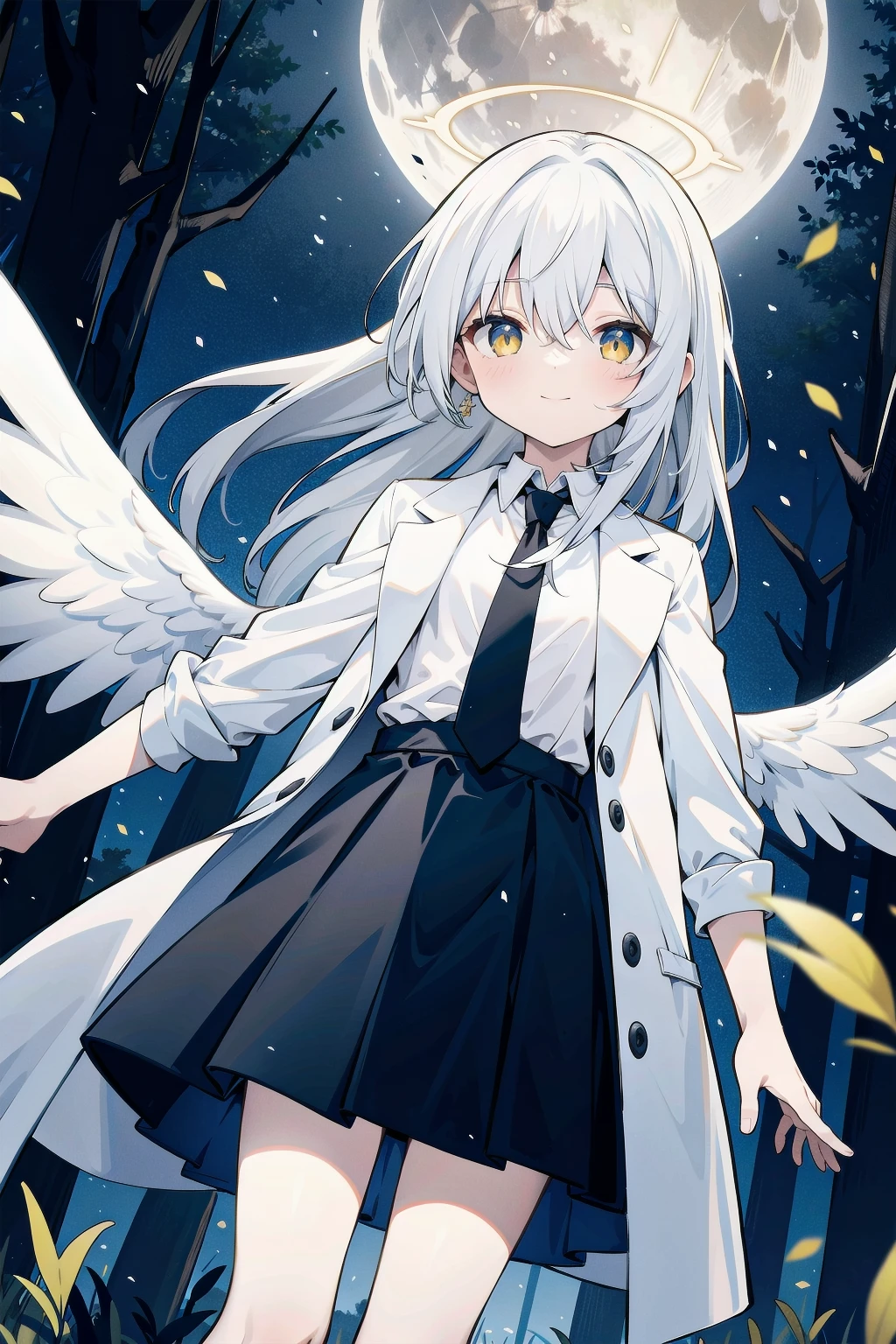 (masterpiece, best quality:1.4),  1girl, (loli1.3), solo, (white hair, messy hair, long hair), (angel wings, angel halo), flat chest, light smile, glowing yellow eyes, (white shirt, black necktie, black open coat, black skirt, barefoot), (cinematic lighting, backlit), glowing white particles, spread arms, (grassland, night sky, trees, forest, full moon), dutch angle