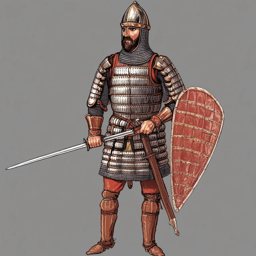 medieval armour, solo, byzantine warrior, lamellar armor, holding sword