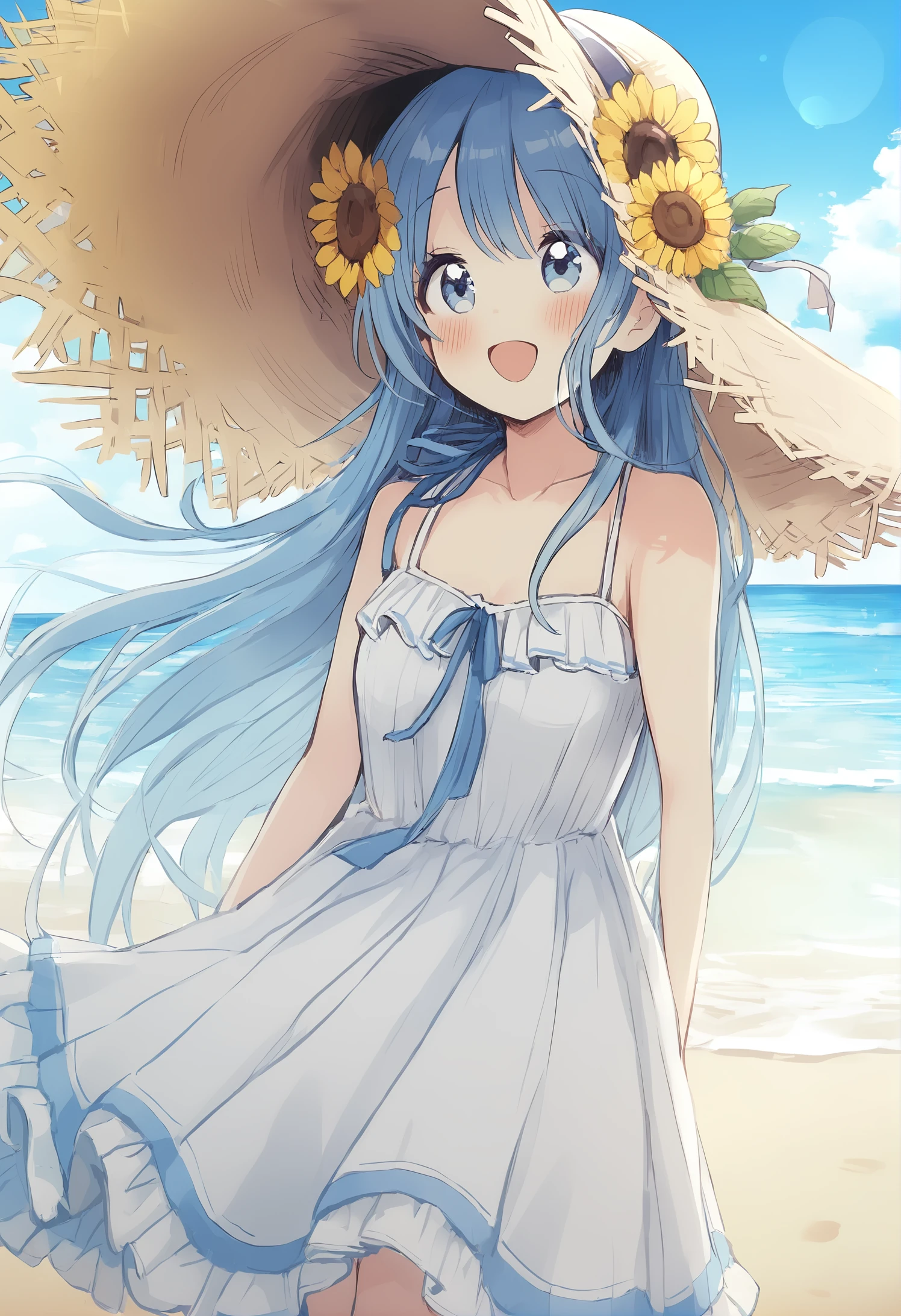 1girl,
sakura oriko,
sleeveless, flower, looking to the side, sky, straw hat, water, beach, bare arms, blue eyes, breasts, frilled dress, open mouth, blue sky, cloud, outdoors, blue hair, collarbone, small breasts, long hair, frills, animal, yellow flower, blue ribbon, blush, horizon, smile, bare shoulders, hair between eyes, hat flower, sleeveless dress, :d, solo focus, dress, very long hair, sand, cat, hat, looking away, white flower, white headwear, day, white dress, sun hat, ocean, ribbon, sunflower, standing, cloudy sky, pleated dress, chibi,
masterpiece, best quality
<lora:sakura_oriko_image615_2024-03-28_a31:1>