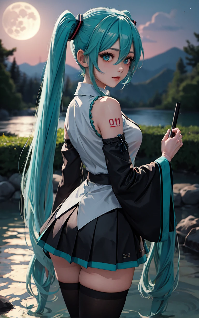 ((masterpiece, best quality)), insaneres, absurdres, solo, looking at viewer, 
MainOutfit_HatsumeMiku_ownwaifu, 
1girl, aqua eyes, aqua hair, hatsune miku, twintails, very long hair, hair ornament, bangs, hair between eyes, shoulder tattoo, medium breasts, shiny hair, number tattoo, eyelashes, bright pupils,
detached sleeves, sleeveless shirt, bare shoulders, black sleeves, aqua necktie, collared shirt, black skirt, pleated skirt, grey shirt, miniskirt, black thighhighs, zettai ryouiki, long sleeves, wide sleeves, sleeves past wrists, frills, wing collar, 
(wading, looking back), onsen, full moon, outdoors,<lora:ANIME_HatsumeMiku_ownwaifu:0.75>,
 depth of field, light particles,