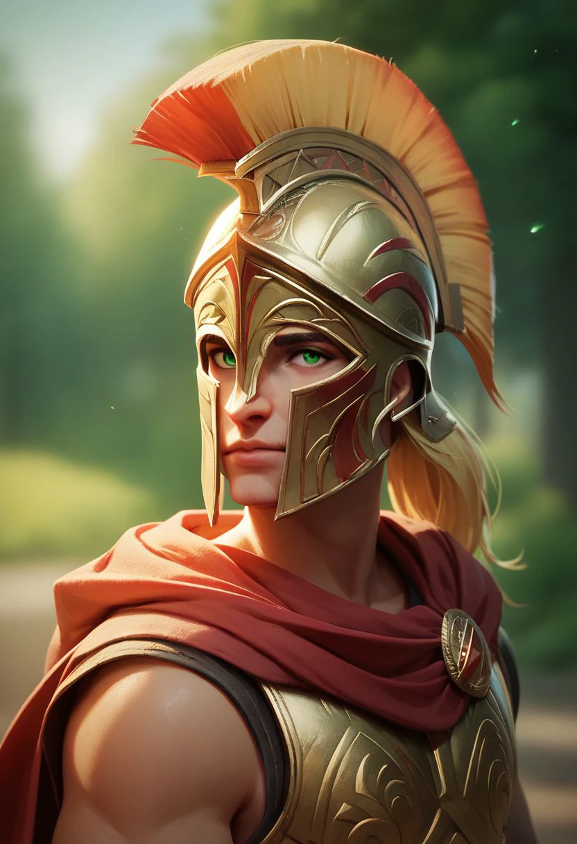 (((beautiful, high quality))), upper Body, score_9, score_8_up, score_7_up, 
easynegative, Spartan armor, Spartan helmet, red cloak,
1boy, male focus, blonde hair, green eyes,
looking at the viewer, posing, 
blurred background,