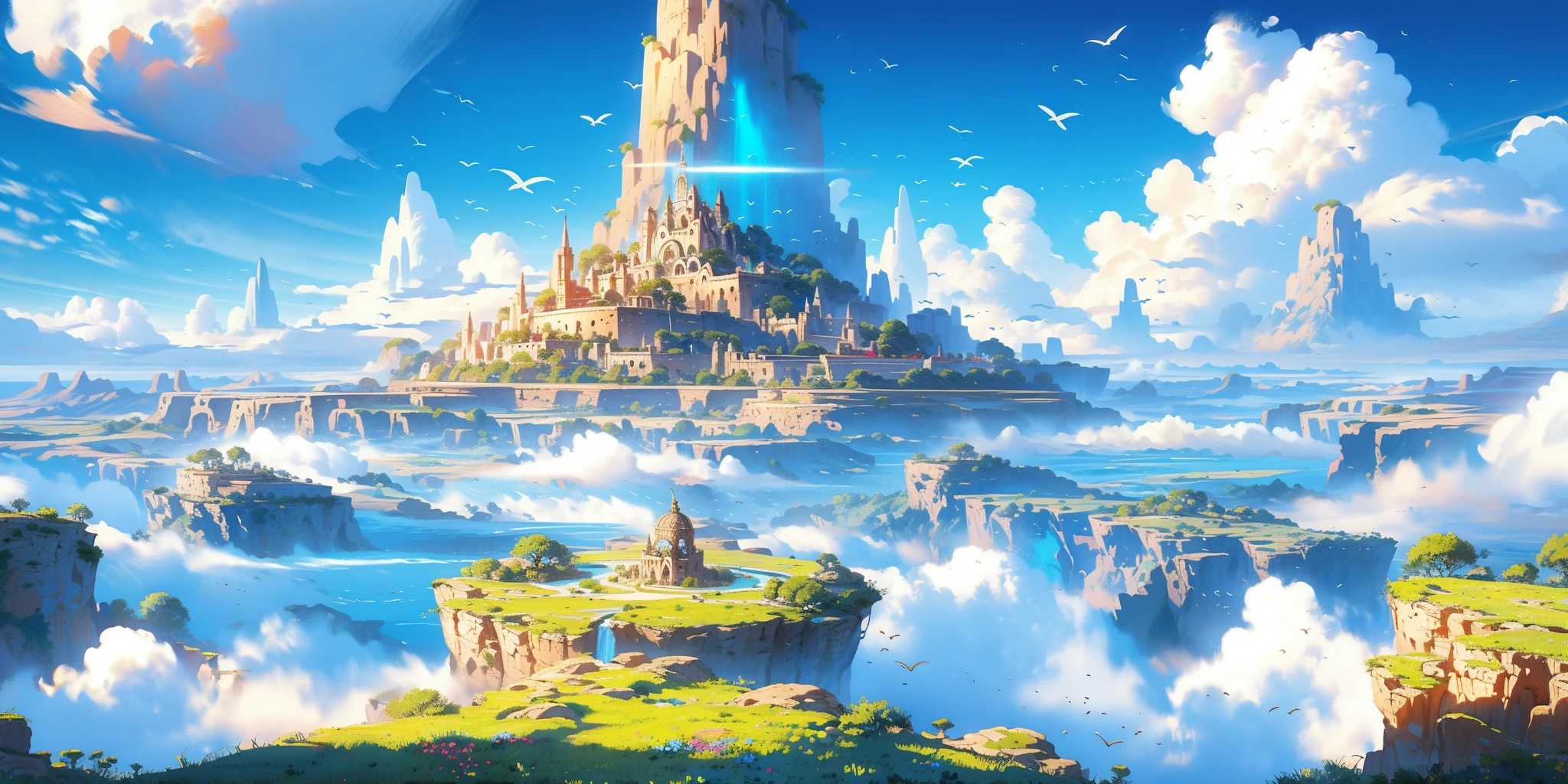 HEZI,game concept scene,rich colors,gorgeous,details,quadratic style,fresh illustration,scenery,cloud,no humans,sky,outdoors,day,blue sky,fantasy,floating island,bird,above clouds,landscape,building,cloudy sky,water,waterfall,castle,mountain,cliff,city,