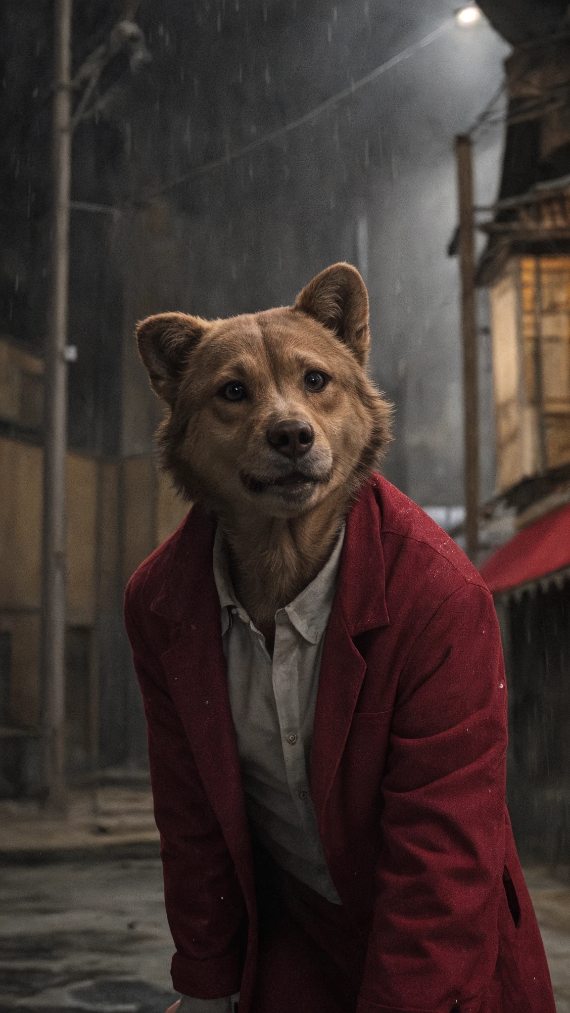 hongkong film style, kowloon walled city, dim lighting, atmospheric lighting, action genre, eary 19th century, film grain effect, gritty aesthetic, grunge aesthetic,
animal, Hachiko in a red raincoat, raining, park, digital storybook illustration, textured brushwork, sharp focus, high detail, blurry background, 8k resolution,
<lora:Kowloon Walled City_v1.0:0.6>,