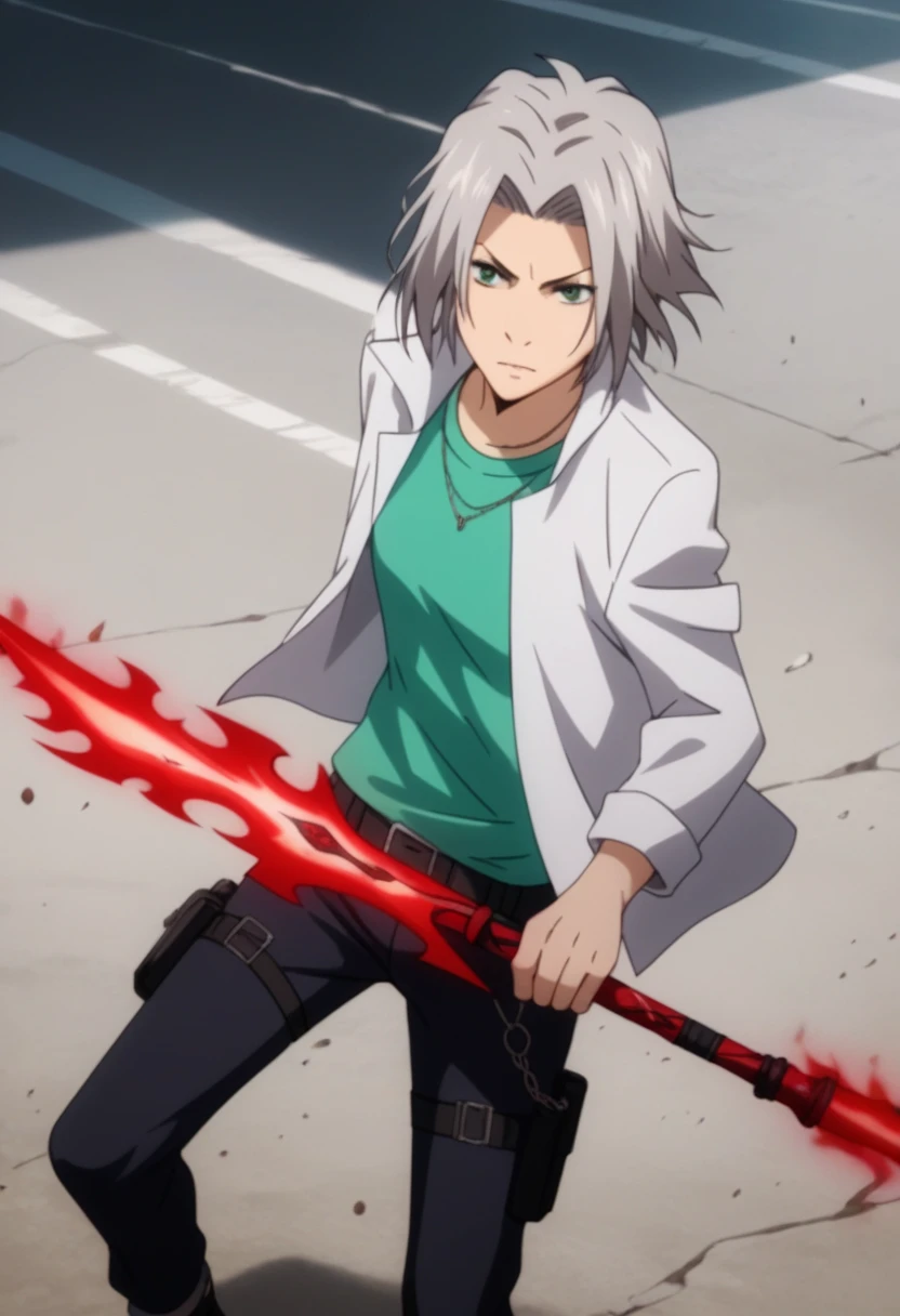 Prompt: score_9, score_8_up, score_7_up, score_6_up, highly detailed, masterpiece, best quality,detailed,intricate details, amazing quality, best aesthetic, absurdres,source_anime,hayato gokudera, grey hair, green eyes, white jacket, green shirt, weapon, red flames, polearm<lora:EMS-391469-EMS:1.000000>