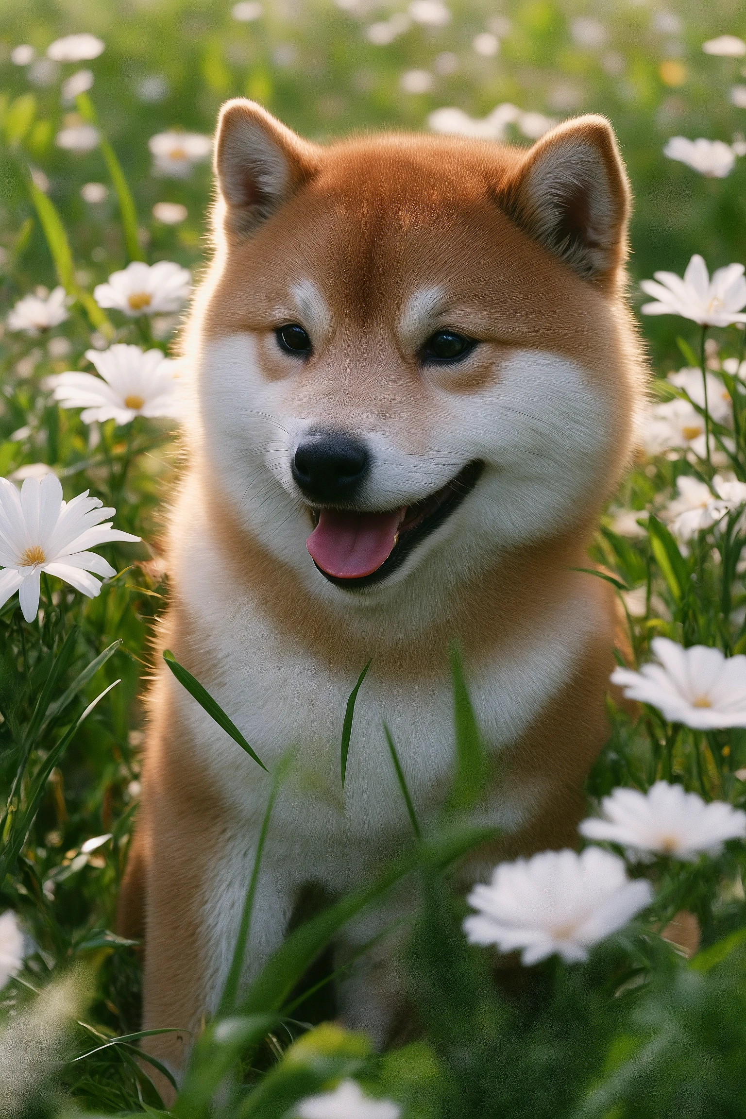 a Shiba Inu dog amidst a lush green meadow filled with white daisies. The dog appears to be joyful, with its tongue out, possibly panting or smiling. The sunlight filters through the leaves, casting a warm glow over the scene, creating a serene and peaceful ambiance.
<lora:shiba_v1:0.7>