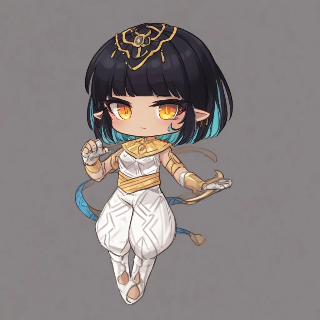 khali, female, woman, girl, gold earrings, black hair, blue hair, pointy ears, 1girl, yellow eyes, two-tone hair, short hair, egyptian clothes, amber eyes, gold tiara, gold eyes, two tone hair, solo, cuteartstyle, full body, chibi, chibi style, good hands, well drawn hands, well-drawn hands, good anatomy, good quality, good art, detailed, detailed face, detailed eyes, easynegative, masterpiece