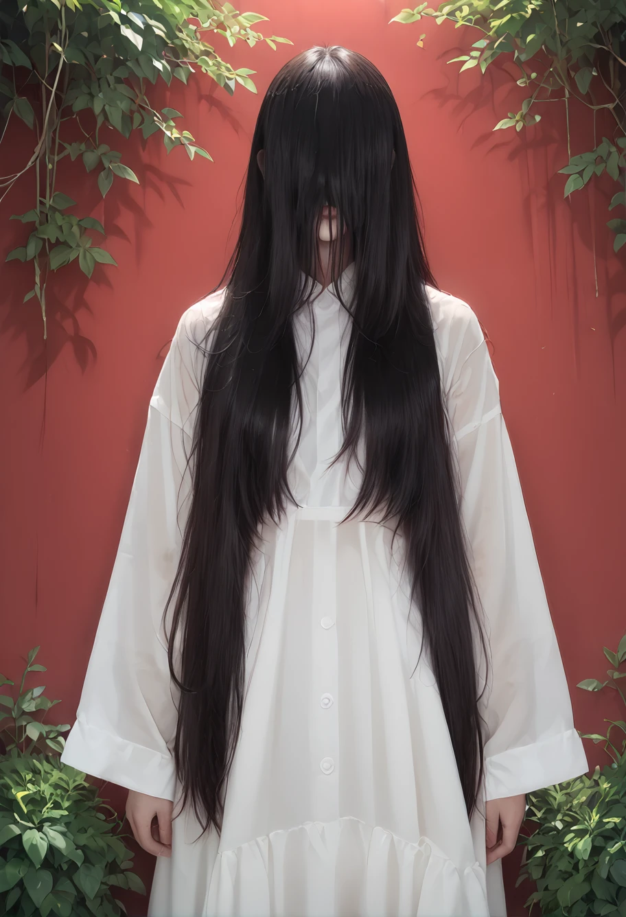 score_9,score_8_up,score_7_up,8k,hd,red background,,ruyanyi0662,dirty,hair over eyes,sleeves past wrists,very long hair,cowboy shot,white dress,hair over face,reverse hair,<lora:0662 yamamura sadako_pony:1>