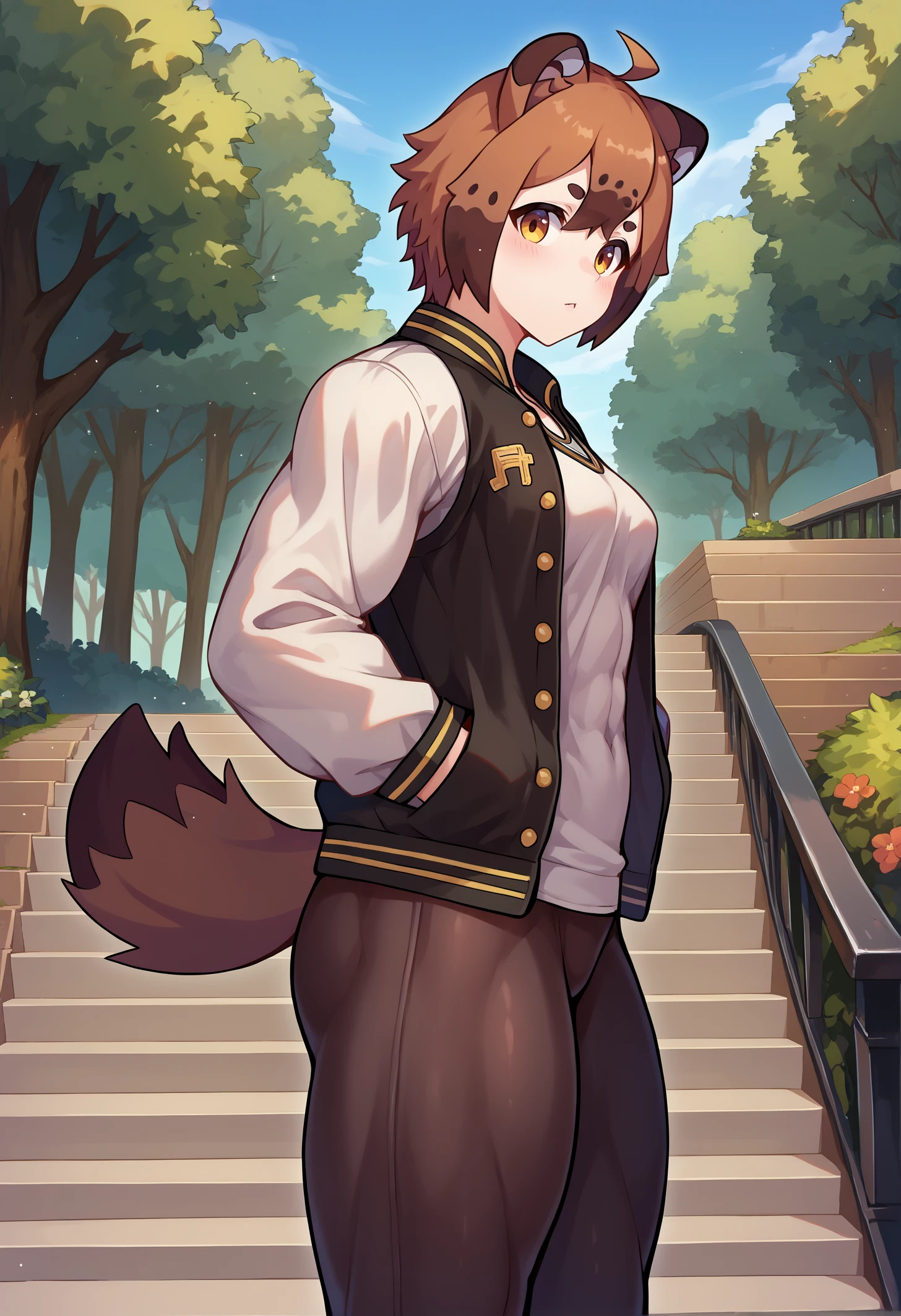 score_9, score_8_up, score_7_up, BREAK 1girl, solo, tanukiwers, raccoon girl, animal ears, raccoon tail, yellow eyes, short hair, ahoge, multicolored hair, medium breasts, <lora:TanukiWersmanPDXL_V1-Manityro-CAME:1.0>,
letterman jacket, open jacket, white shirt, black pants, yoga pants,
looking at viewer, muscular female, thick thighs, standing, hands in pockets, side view, cowboy shot,
outdoors, summer, park, stairs, blue sky,
