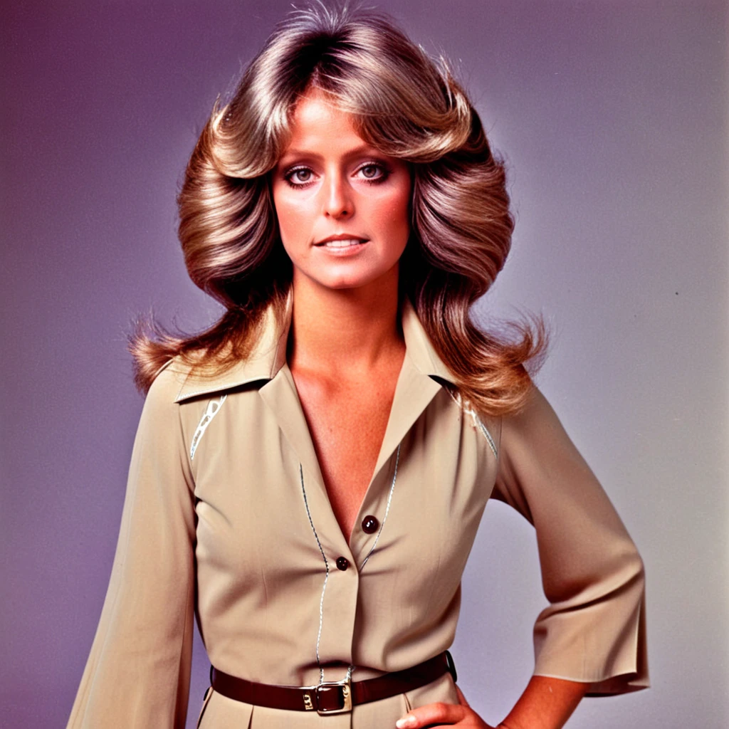 wearing a 70s outfit ttecwafharraf, the, her  photo  <lora:Farrah Fawcett SDXL:1>