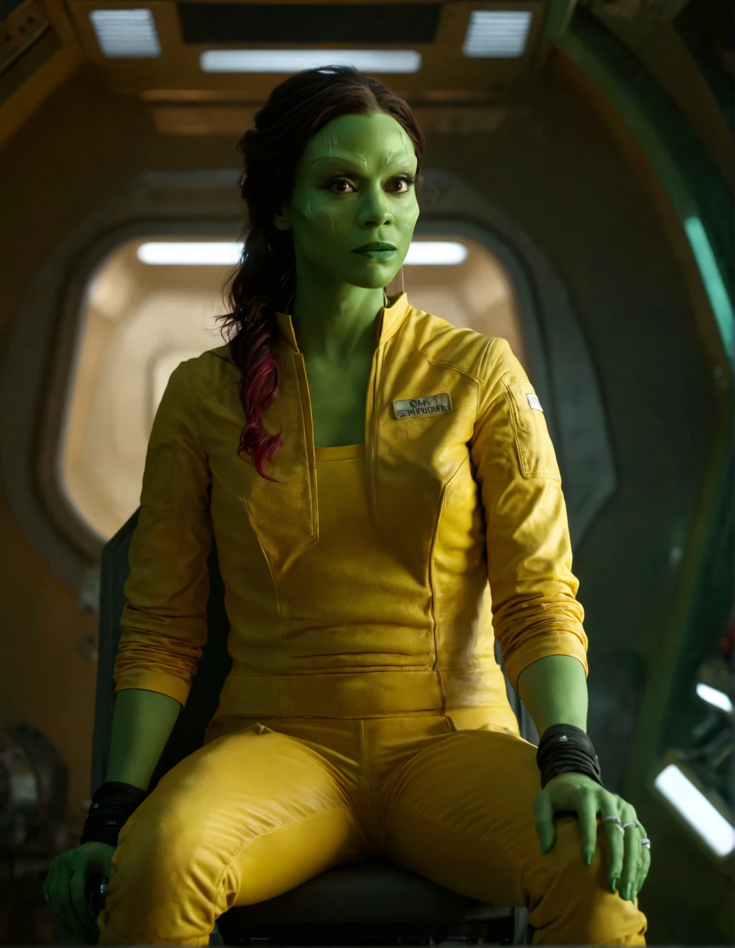 high resolution photo of gmra woman,full body shot,sitting,volumetric lighting,yellow uniform,ponytail,cinematic,film grain,realistic skin,pores,front view,depth of field,inside a spaceship,front view,looking at viewer