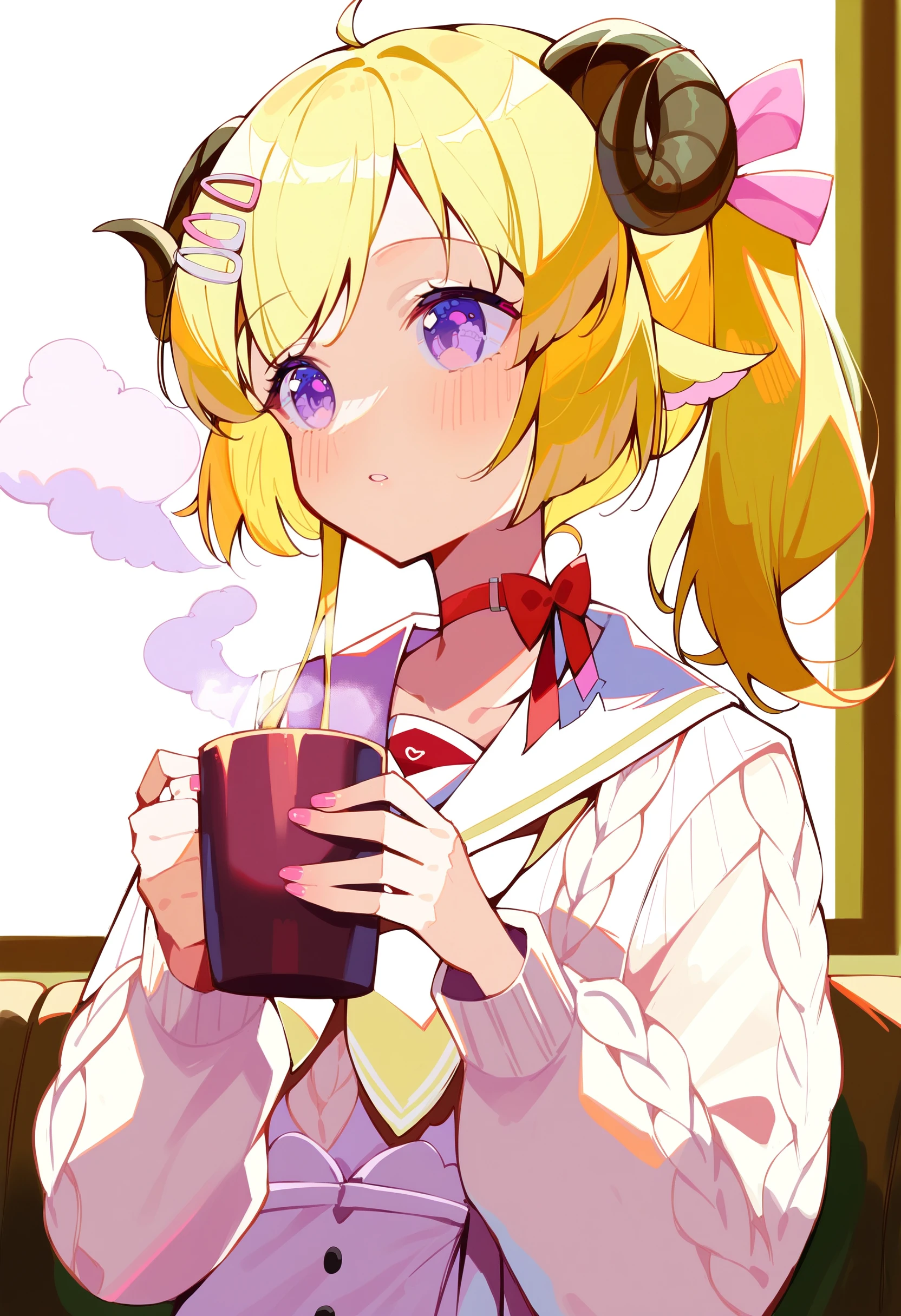 score_9, score_8_up, score_7_up, score_6_up, source anime,
tsunomaki watame, sheep girl, curled sheep horns, 1girl, solo, cup,
blonde hair, hair ornament, long hair, hairclip, side ponytail,
purple eyes, 
sheep ears, choker, holding, cable knit,
blush, aran sweater, pink nails, sailor collar, mug, red choker, holding cup, long sleeves, bow, blowing, parted lips, steam, white sweater,
indoors, cafe, upper body, 
tsunomaki street
<lora:monmusu_sheep_girl_v14:1>