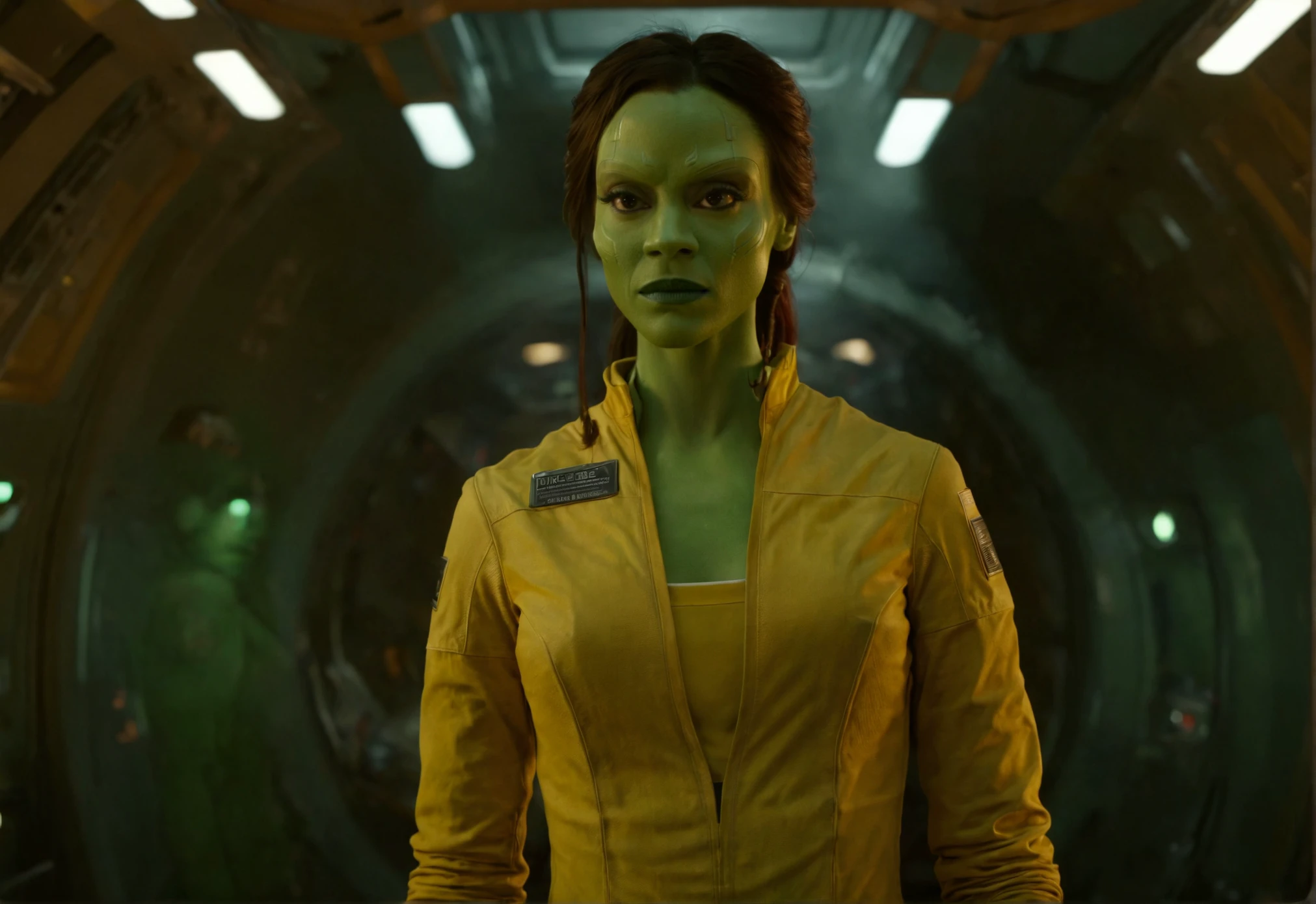 high resolution photo of gmra woman,full body shot,standing,volumetric lighting,yellow uniform,ponytail,cinematic,film grain,realistic skin,pores,front view,depth of field,inside a spaceship,front view,looking at viewer