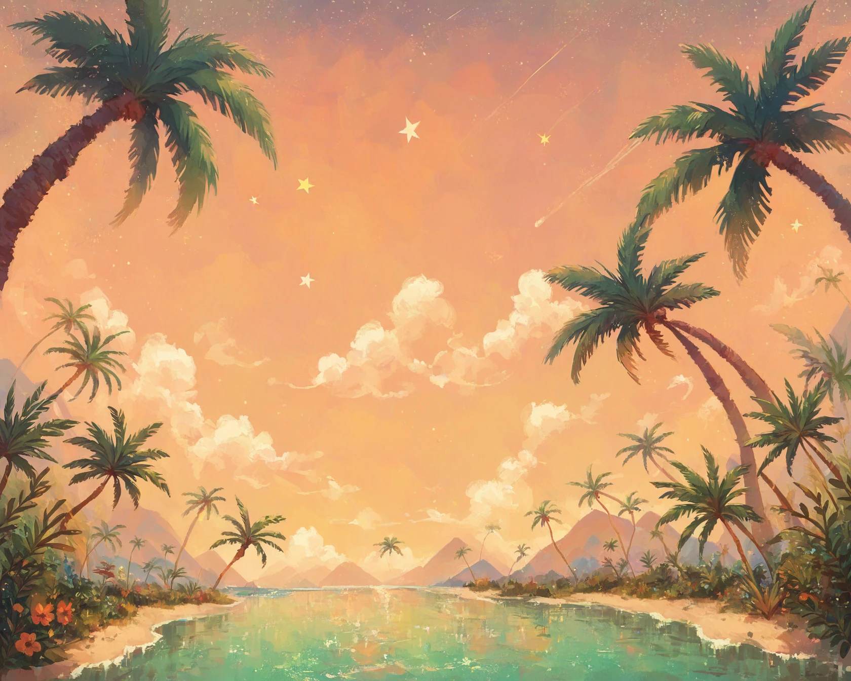 (score_9, score_8_up, score_7_up:1.1), score_6_up, score_5_up, score_4_up, <lora:FantasyIllustration:1>, fillu, star sky, scenery, palm tree