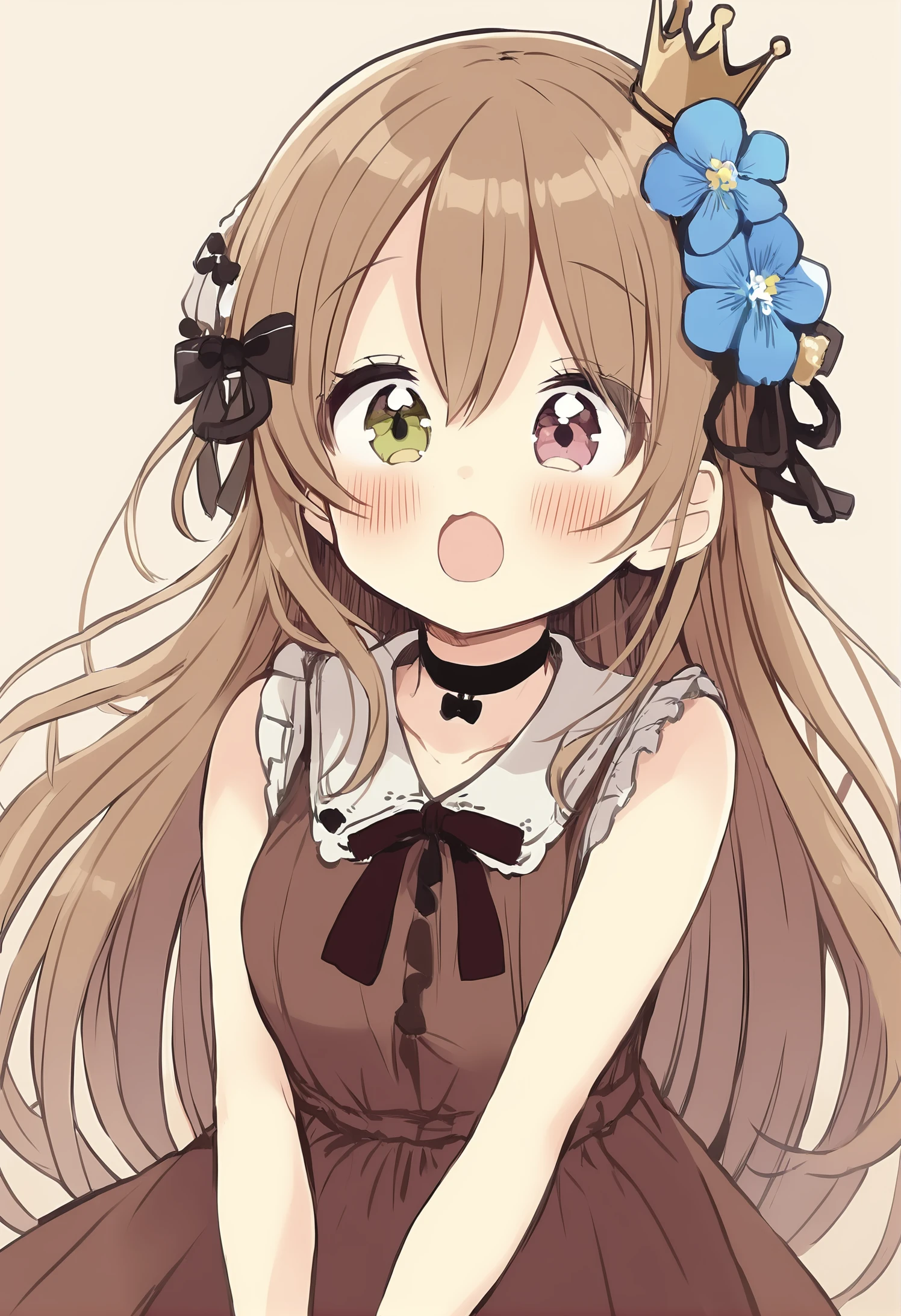 1girl,
sakura oriko,
crown, ribbon, chibi, flower, brown background, sleeveless, dress, solo, brown eyes, bow, upper body, green eyes, shirt, brown hair, heterochromia, hair flower, blue flower, very long hair, blush, choker, mini crown, simple background, brown dress, open mouth, black bow, long hair, hair ribbon, black choker, hair between eyes, hair ornament, sleeveless dress, collarbone, red shirt,
masterpiece, best quality
<lora:sakura_oriko_image615_2024-03-28_a31:1>