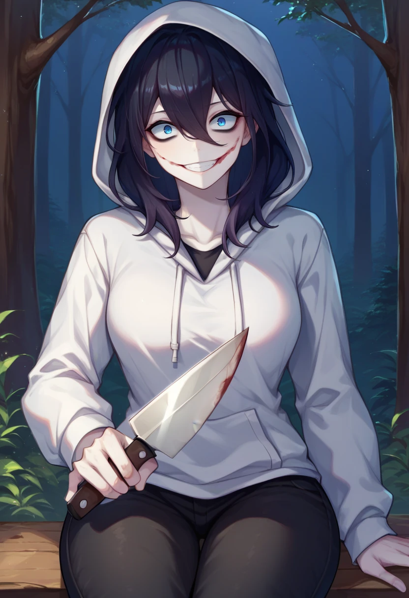 score_9,score_8_up,score_7_up,score_9,score_8_up,score_8,ultra detailed,beautiful face,highres BREAK <lora:jeff:1>,jeffthekiller,solo,looking at viewer,blue eyes,black hair,1girl,hair between eyes,hood,medium hair,grin,hoodie,hood down,knife,pale skin,holding knife,1knife,bags under eyes,white hoodie,blood,crazy smile,black pants,cowboy shot,forest,night,sitting,