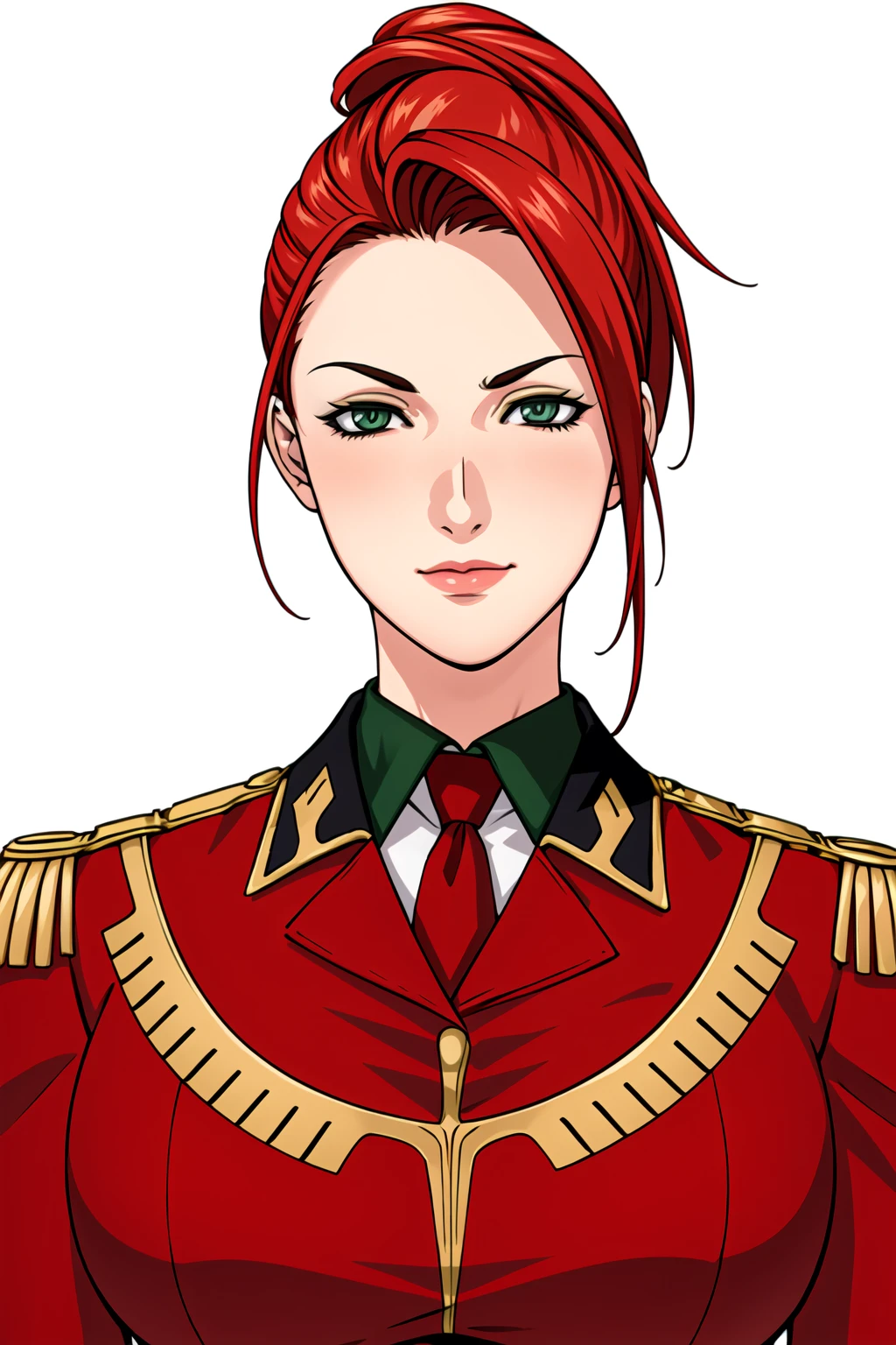 Simple White Background,
dynamic pose,standing at attention,
military uniform, military,red uniform, long sleeves, gold trim,red shirt,green necktie,
<lora:Monique_Cadillac_MSIGLOO-KK77-V1:0.7>,
green eyes, red hair,bangs,Long hair,
<lora:more_details:0.1>,<lora:Oda_Non_Style-KK77-V2:0.3>,<lora:Sexy_AIart-KK77-V1:0.3>,
1 girl, 20yo,Young female,Beautiful long legs,Beautiful body,
Beautiful Nose,Beautiful character design, perfect eyes, perfect face,expressive eyes,perfect balance,
looking at viewer,(Focus on her face),closed mouth, (innocent_big_eyes:1.0),(Light_Smile:0.3),
official art,extremely detailed CG unity 8k wallpaper, perfect lighting,Colorful, Bright_Front_face_Lighting,White skin,
(masterpiece:1.0),(best_quality:1.0), ultra high res,4K,ultra-detailed,
photography, 8K, HDR, highres, absurdres:1.2, Kodak portra 400, film grain, blurry background, bokeh:1.2, lens flare, (vibrant_color:1.2),professional photograph,
(Beautiful,large_Breasts:1.4), (beautiful_face:1.5),(narrow_waist),