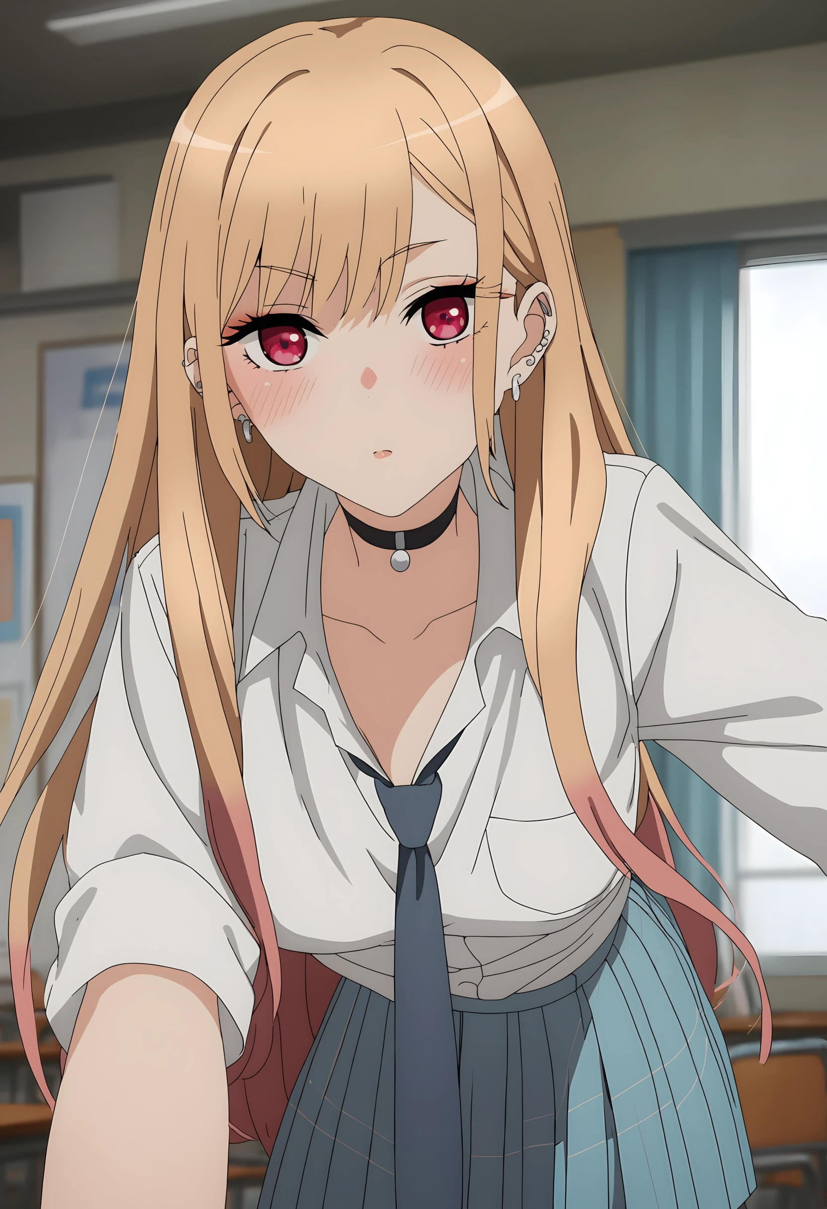 (score_9, score_8_up, score_7_up), (masterpiece, best quality, very aesthetic, ultra detailed, source anime, anime, intricate details), <lora:Sono Bisque Doll wa Koi wo Suru - Marin Kitagawa XL R1.1:0.8>, 1girl, solo, long hair, breasts, blush, shirt, skirt, blonde hair, red eyes, jewelry, school uniform, white shirt, multicolored hair, pleated skirt, necktie, collared shirt, choker, indoors, blue skirt, black choker, piercing, ear piercing, barbell piercing, kitagawa marin
