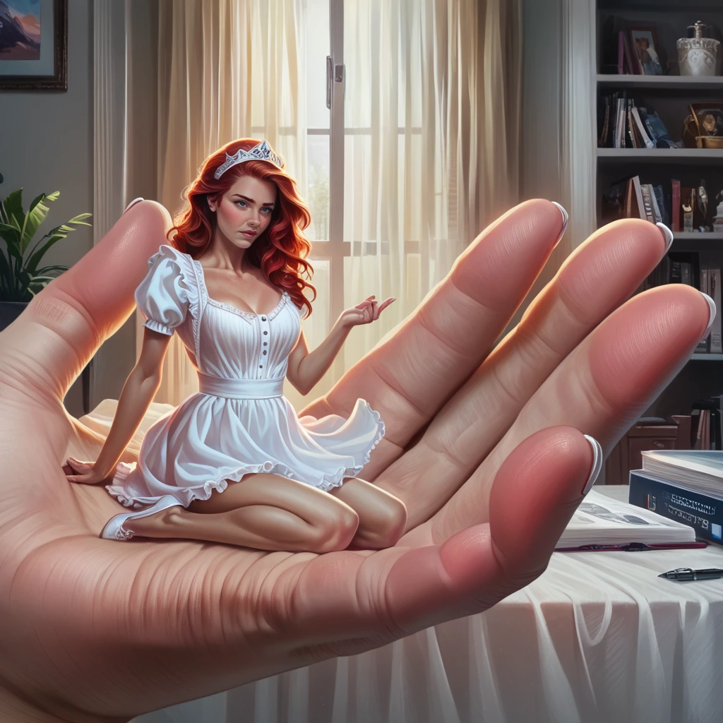 score_9, score_8_up,score_7_up, photorealistic illustration, photorealism illustration, closeup of palm of hand, (tiny sized,shrunk, microxl), 1girl, ((minigirl, held in hand)), one hand, sitting on giant sized hand, extreme size difference, wearing maid outfit, indoors, dynamic light, long red hair, scottish face, tanned skin, freckles,extremely detailed, dramatic lighting, concept art, digital art,detailed, perfect, perfection, <lora:LCMTurboMix_Euler_A_fix:0.8>, <lora:microxl_pdxl:1>, <lora:hand 4:0.8> , hand, <lora:Concept Art Brush Style LoRA_Pony XL v6:0.8> concept art, digital art, realistic,
