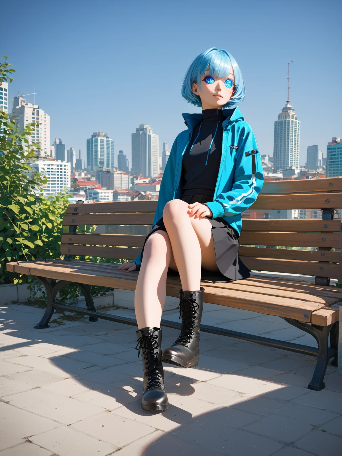 score_9, score_8_up, score_7_up, PDXL, <lora:sc3n3ryXLP:0.5>, <lora:TechwearV1:0.75> , techwear, dark clothing, full body, 
1girl, european, cute face, detailed eyes, short glowing blue hair, knee high black boots, black skirt, sitting on a iron bench BREAK on top of a building, city in the background, wide shot, wide field of view