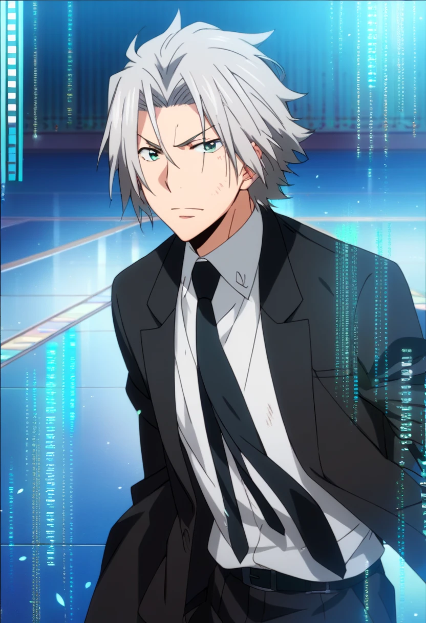 Prompt: score_9, score_8_up, score_7_up, score_6_up, highly detailed, masterpiece, best quality,detailed,intricate details, amazing quality, best aesthetic, absurdres,source_anime,hayato gokudera, grey hair, green eyes, black NECKTIE, FORMAL, SUIT<lora:EMS-391469-EMS:1.000000>