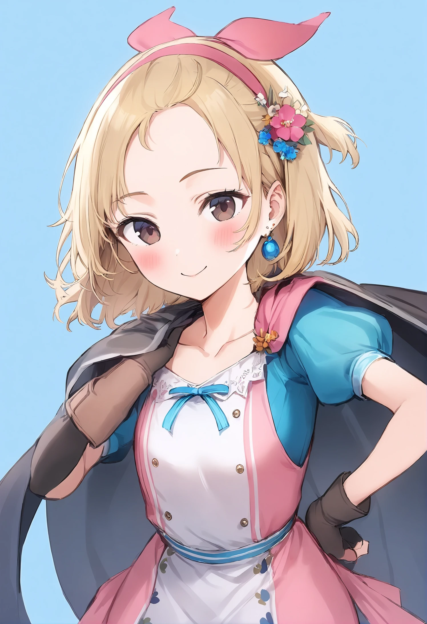 1girl,
rangu,
blue eyes, hairband, open mouth, breasts, closed mouth, parted bangs, blonde hair, pants, puffy short sleeves, upper body, forehead, arm up, short hair, earrings, puffy sleeves, flower, collarbone, simple background, jewelry, smile, blue background, solo, black gloves, blush, short sleeves, gloves, white pants, shirt, dress, hand on own hip, blue shirt, pink hairband, fingerless gloves, pink dress, hair ornament, brown eyes, cape, small breasts,
masterpiece, best quality
<lora:rangu_image256_2024-03-28_a31-000024:1>