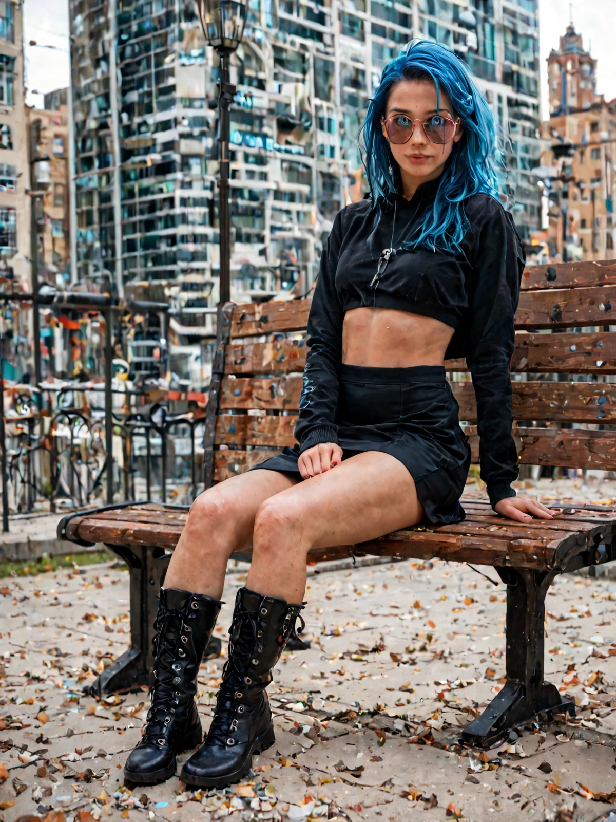 score_9, score_8_up, score_7_up, PDXL, <lora:sc3n3ryXLP:0.5>, <lora:TechwearV1:0.75> , techwear, dark clothing, full body, 
1girl, european, cute face, detailed eyes, short glowing blue hair, knee high black boots, black skirt, sitting on a iron bench BREAK on top of a building, city in the background, wide shot, wide field of view