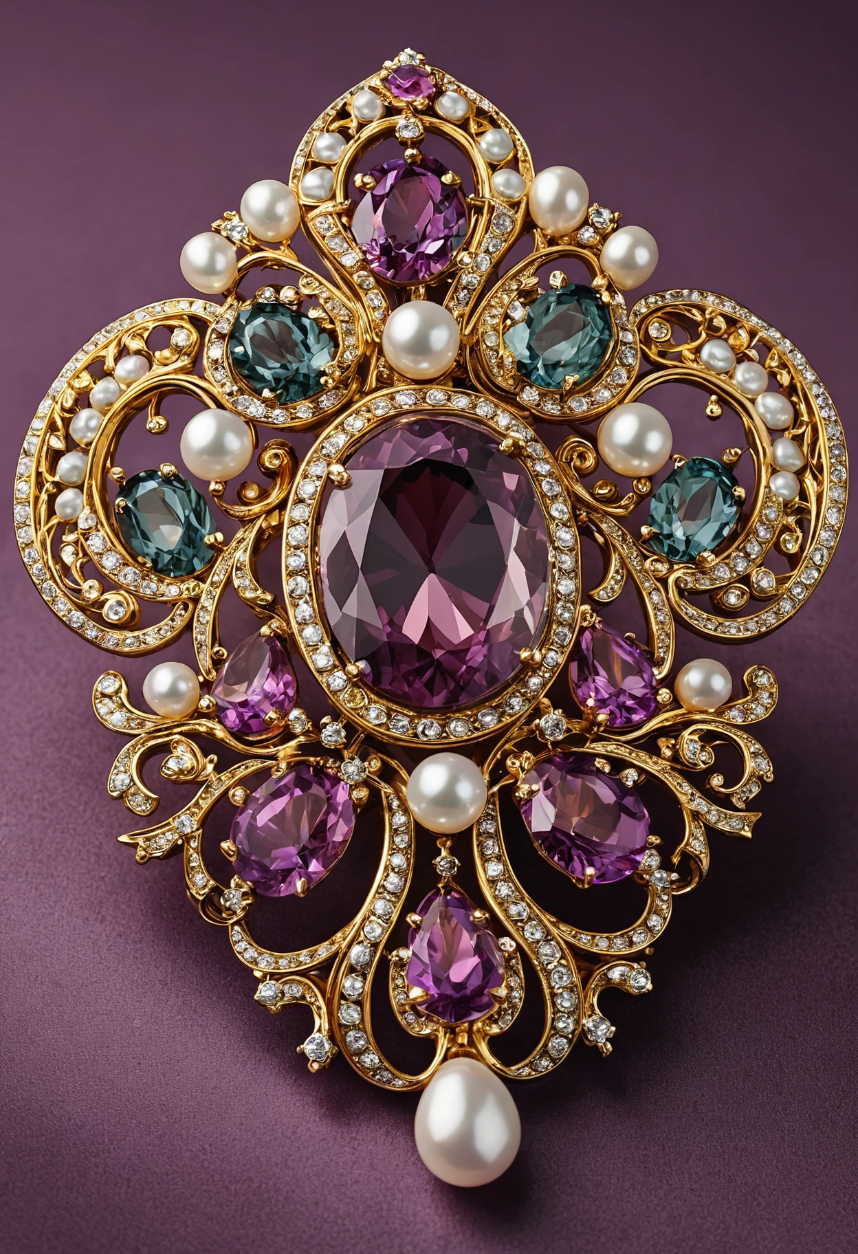 glamour product photo of an exquisite brooch on soft plum velvet, gold, alexandrites, pearl, ultra realistic, intricated detail, trending on artstation, studio photo quality,