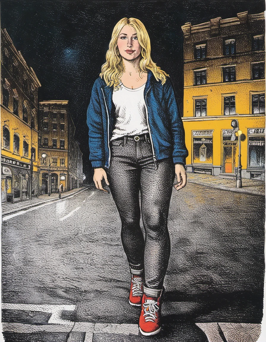 a drawing of 25 y.o blonde woman in casual clothes, night, city street in the style of robert-crumb