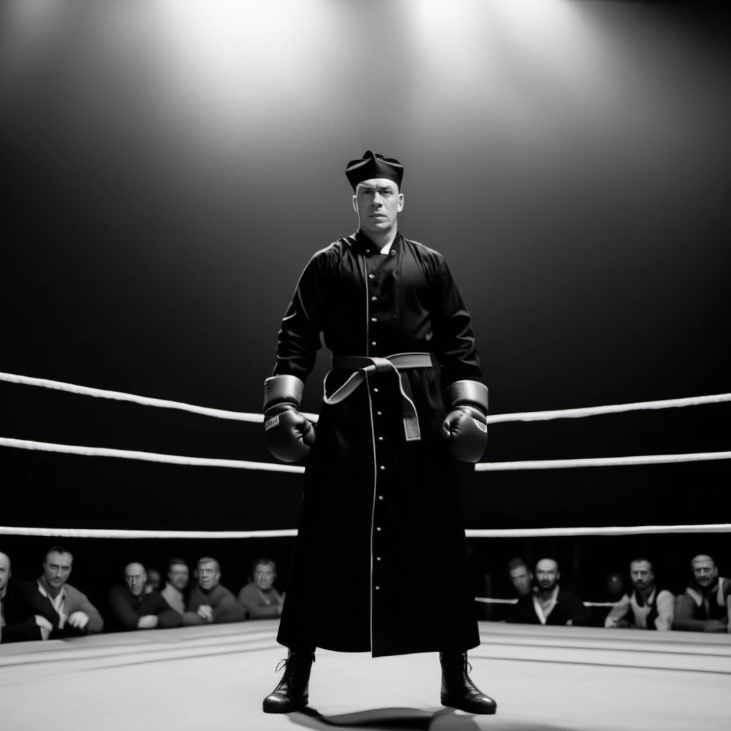 cinematic photo a full body man wears a black robe, face the viewer, wears boxing gloves on a boxing ring, detailed face, detailed eyes <lora:DonCamillo1024:0.8> . 35mm photograph, film, bokeh, professional, 4k, highly detailed