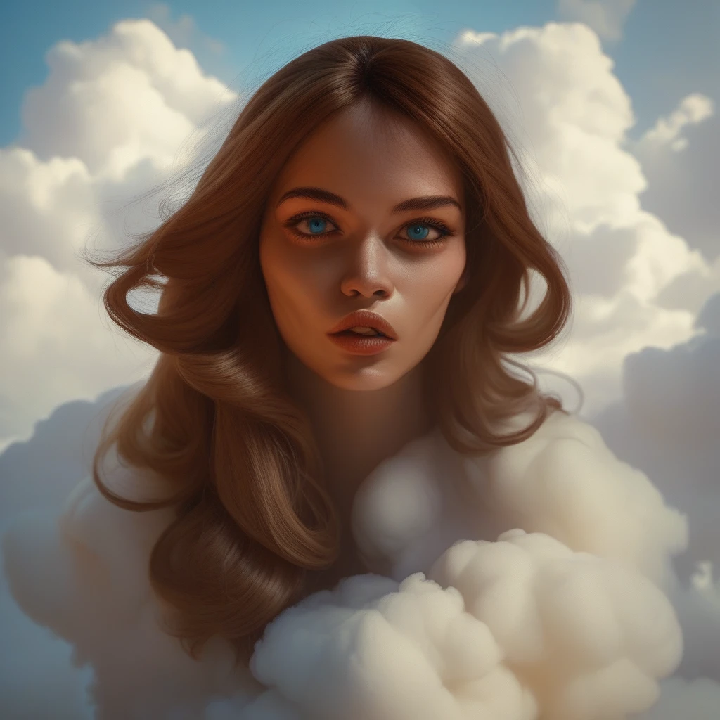 airelemental style, 1girl, solo, long hair, realistic, cloud, looking at viewer, lips, sky, brown hair, parted lips, cloudy sky, nose, upper body, blue eyes, air, vapor, clouds, ethereal, score_9, score_8_up, score_7_up, score_6_up, score_5_up, score_4_up