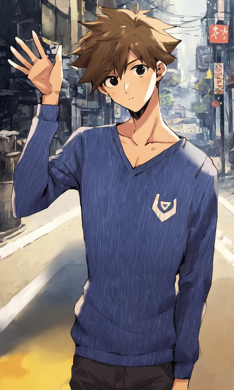 source_ANIME, score_9, score_8_up, score_7_up, score_6_up, anime illustration, detailed lighting, detailed anime illustration,BREAK
1boy, solo, 19yrs, tall, slender, heroomori, hero, brown hair, spiky hair, black eyes, blue sweater, long sleeves, collarbone, waving at viewer, BREAK
detailed background, american suburban street, sunny day, anime background