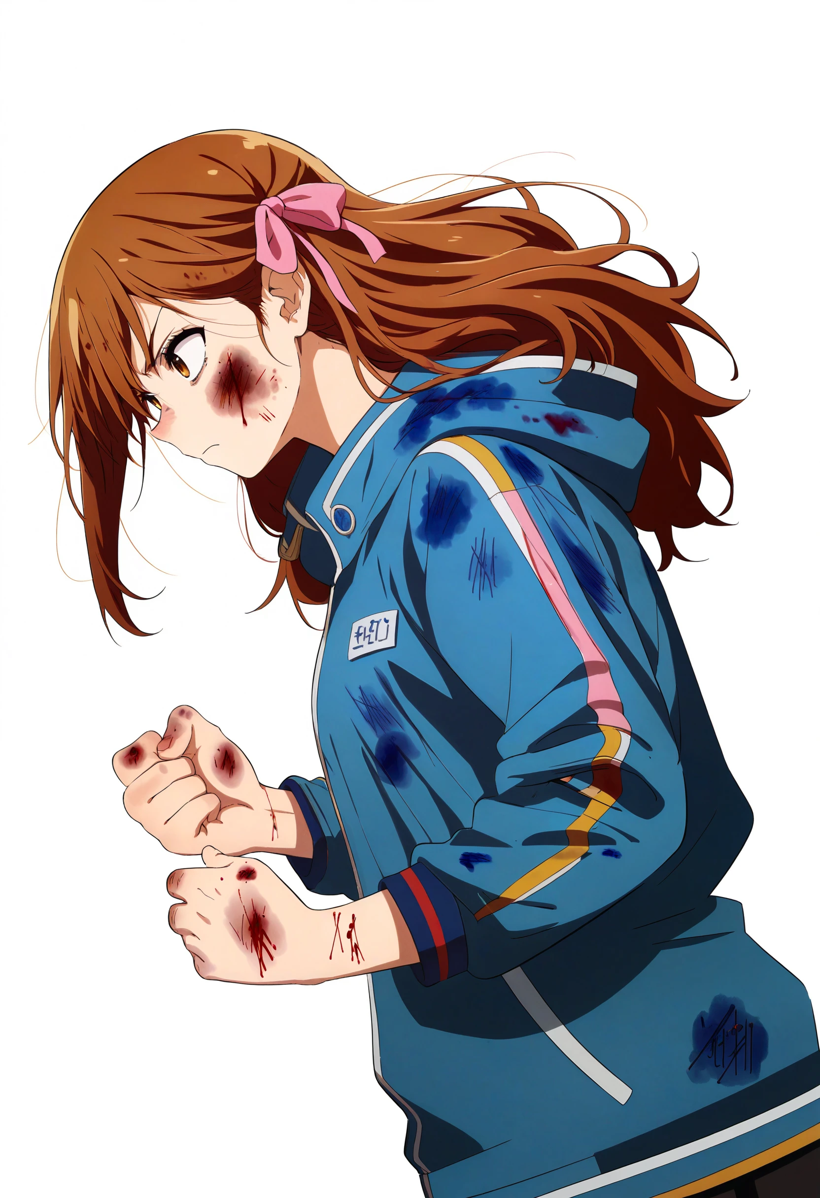 score_9,score_8_up,score_7_up,score_6_up,source_anime,<lora:MeMaHadrian:1>,1girl,blood,blue jacket,brown eyes,brown hair,bruise,bruise on face,closed mouth,cracking knuckles,fist in hand,from side,frown,hair ribbon,hands up,injury,jacket,long hair,looking ahead,nosebleed,pink ribbon,profile,ribbon,serious,solo,upper body,white background,