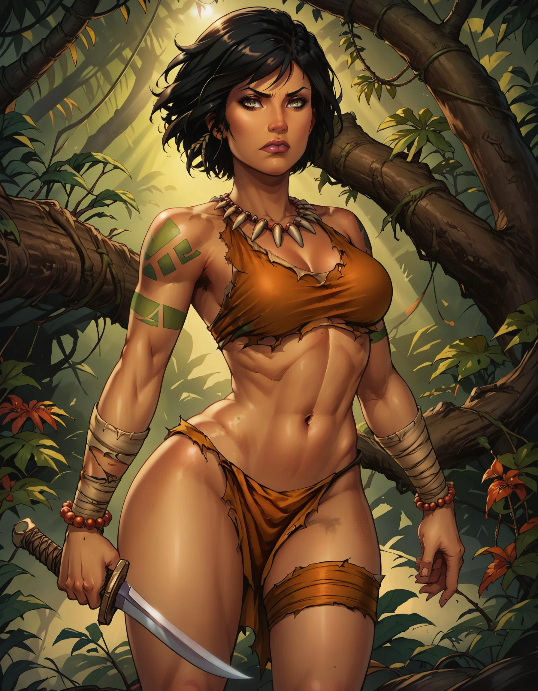 gthazon,black hair,red lips,hair to the side,forehead jewel,black eyes,
muscular,nude,(detailed areolas, detailed nipples, detailed breasts),
jungle,hut,
(insanely detailed, beautiful detailed face, masterpiece, beautiful detailed eyes, best quality),<lora:Goth-10v6:0.7>,