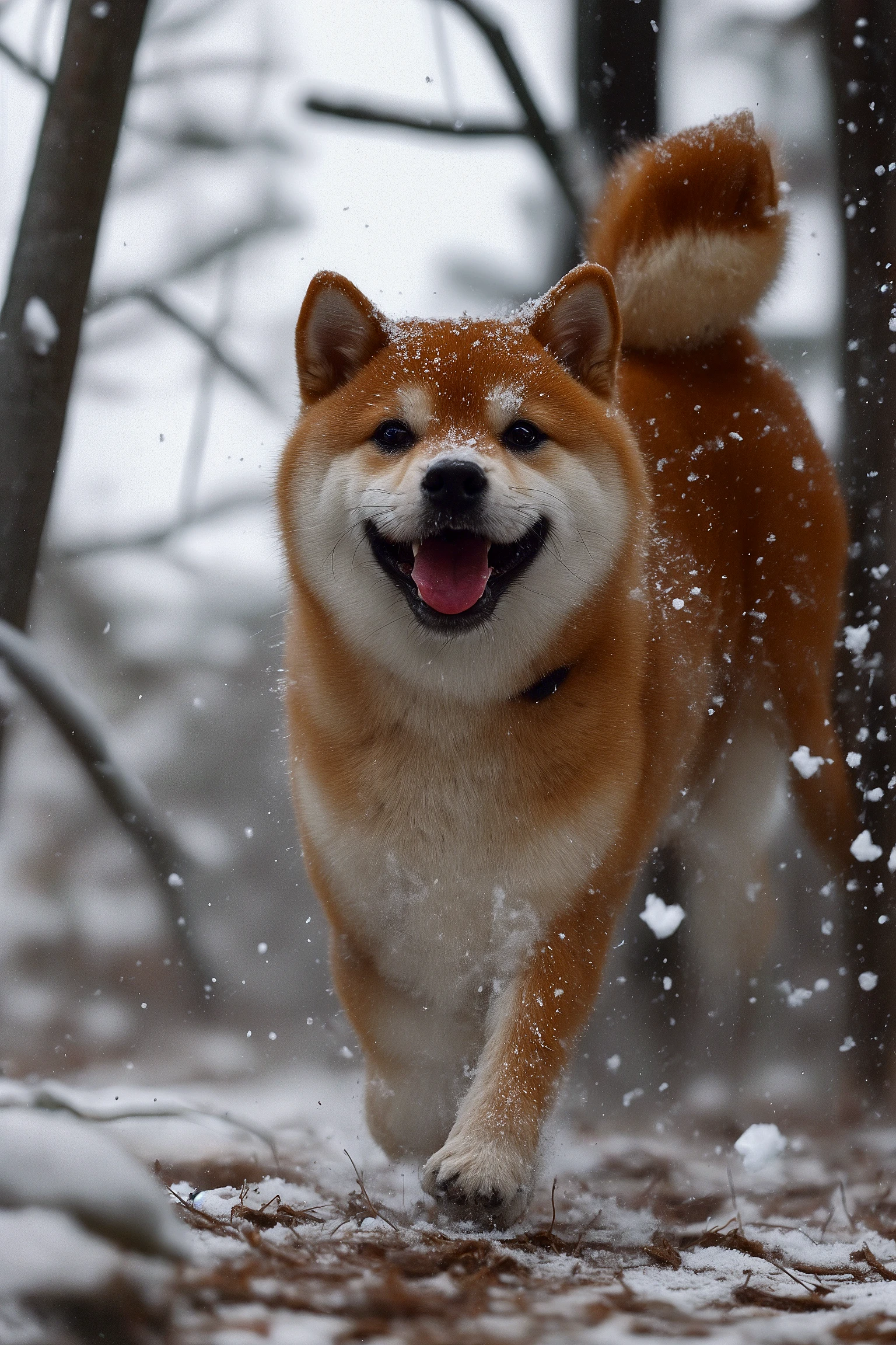 A happy Shiba Inu in a forest of snow. Snowflakes are seen falling around the dog, and it has a delighted expression on its face. The dog's fur is a vibrant orange, and it appears to be mid-stride
<lora:shiba_v1:0.9>