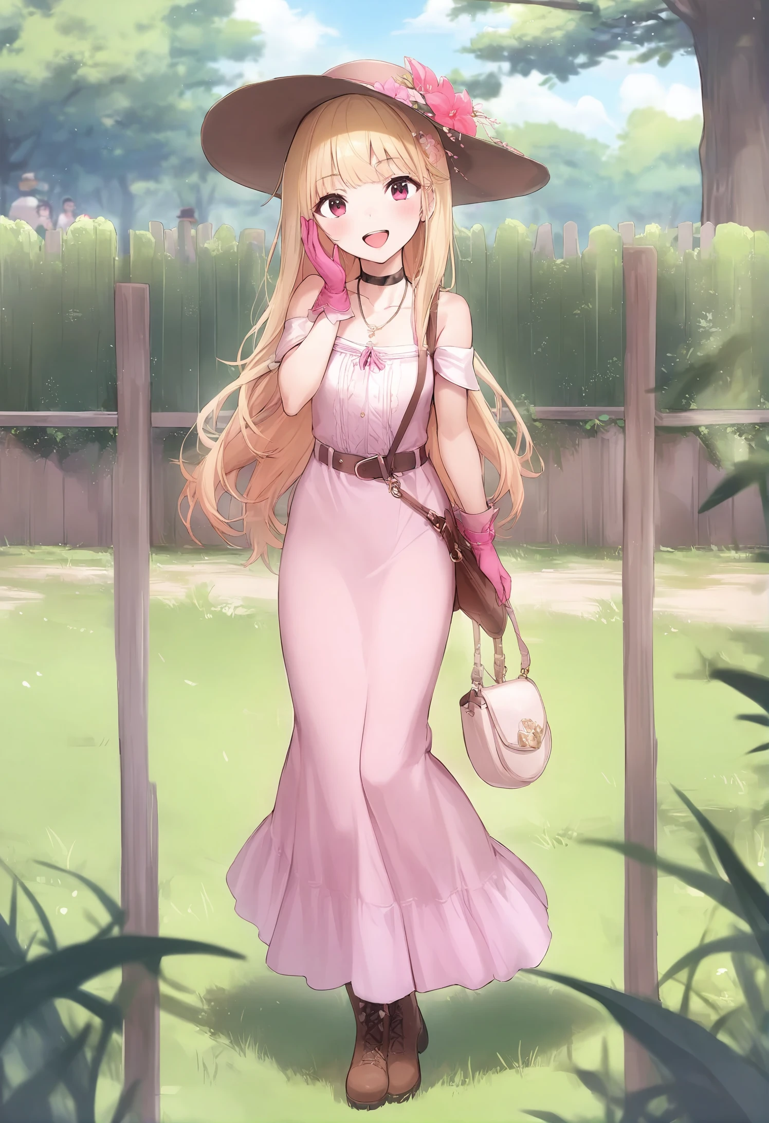 1girl,
rangu,
looking at viewer, choker, hat, brown footwear, necklace, long dress, belt, standing, ribbon, hand on own face, dress, jewelry, day, fence, pink ribbon, solo focus, grass, collarbone, boots, gloves, hair ornament, bare shoulders, bag, full body, blonde hair, holding strap, open mouth, sleeveless, smile, :d, hair flower, long hair, outdoors, flower, handbag, hat flower, sleeveless dress, tree, pink gloves,
masterpiece, best quality
<lora:rangu_image256_2024-03-28_a31-000024:1>