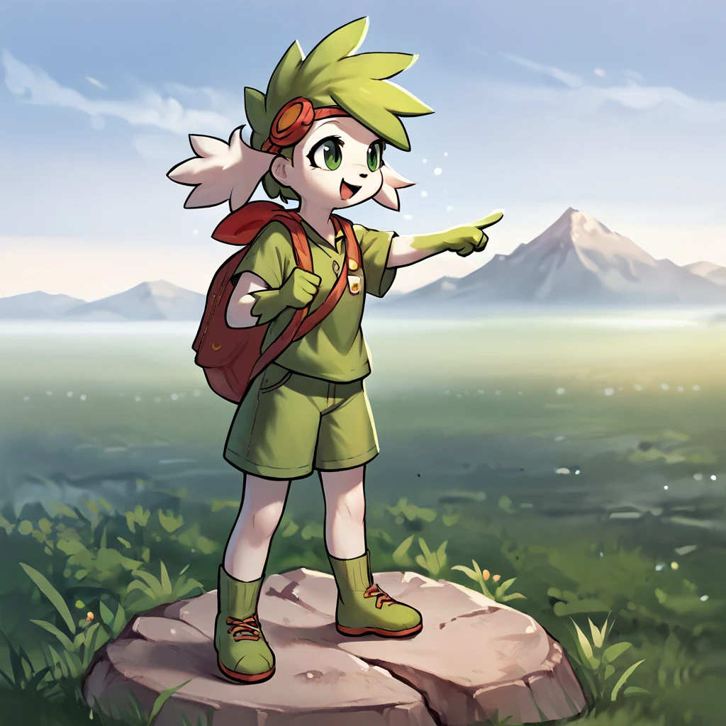 score_9, score_8_up, score_7_up, score_6_up, score_5_up, score_4_up, source_anime,  Shaymin_Human, standing on rock, looking happy in the distance, pointing, mountain