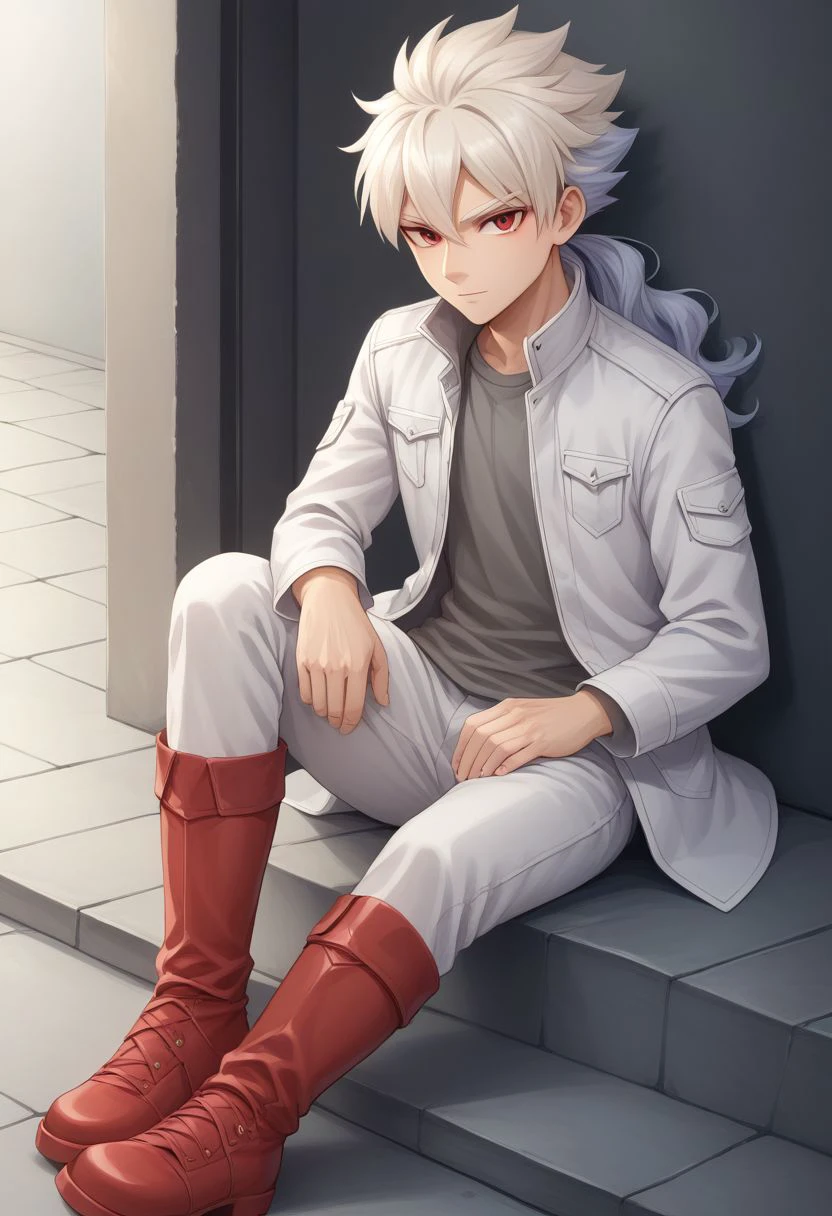 score_9, score_8_up, score_7_up, source_anime, highly detailed, 
bailong, 
solo, male focus, 1boy, two-tone hair, multicolored hair, long hair, red eyes, white hair, silver hair, ponytail, shirt, grey shirt, jacket, white jacket, white pants, boots, red boots, sit
outdoor,