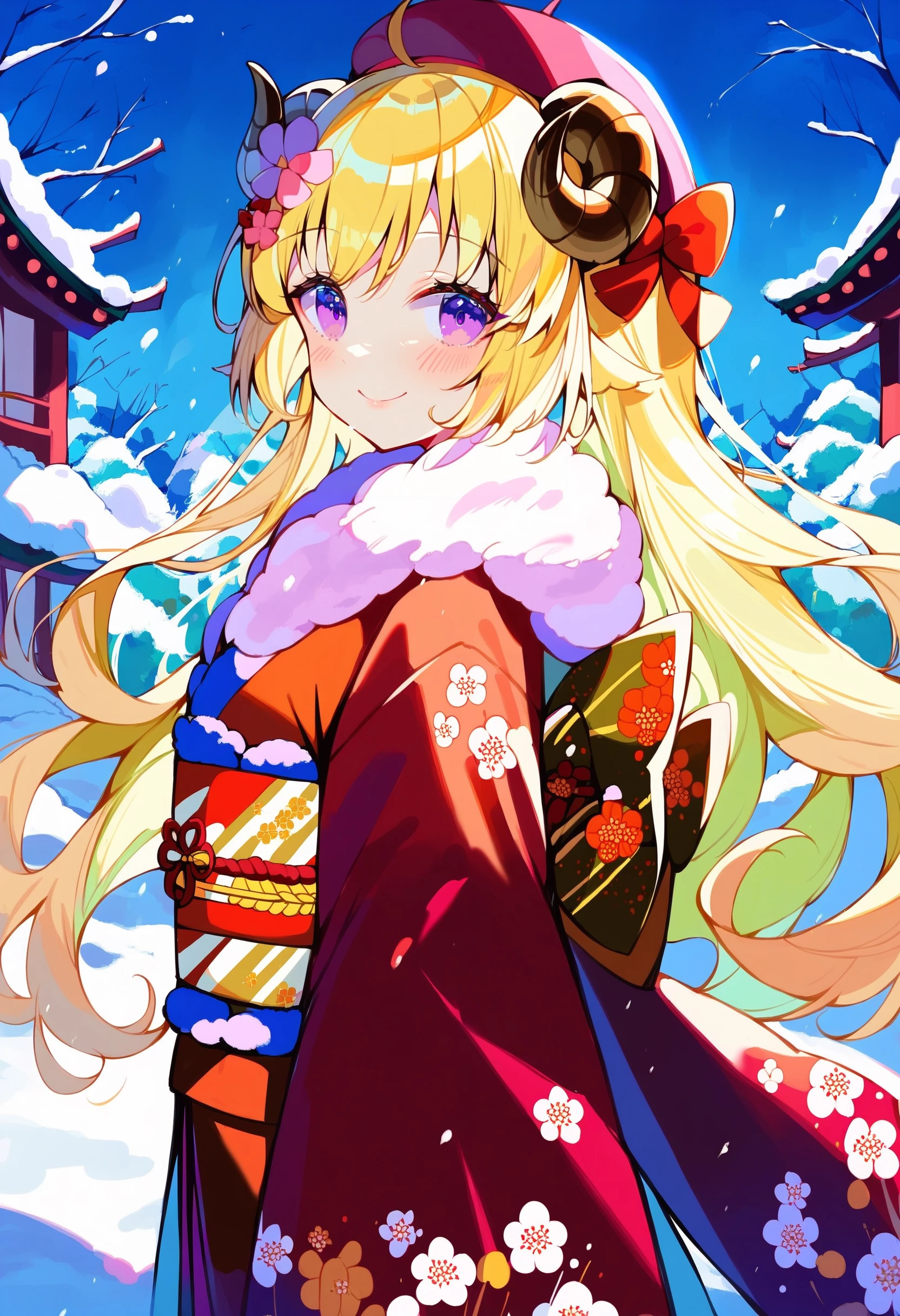 score_9, score_8_up, score_7_up, score_6_up, source anime,
tsunomaki watame, sheep girl, curled sheep horns, 1girl, solo, sheep ears, kimono, japanese clothes,
blonde hair, very long hair,
looking at viewer, purple eyes, smile,
hair ornament, hat, blush, obi, ahoge, sash, hair flower, floral print, beret, red kimono, bow, flower, wide sleeves, long sleeves, red bow, fur trim, hair bow,
outdoors, snow, from side,
tsunomaki newyear
<lora:monmusu_sheep_girl_v14:1>