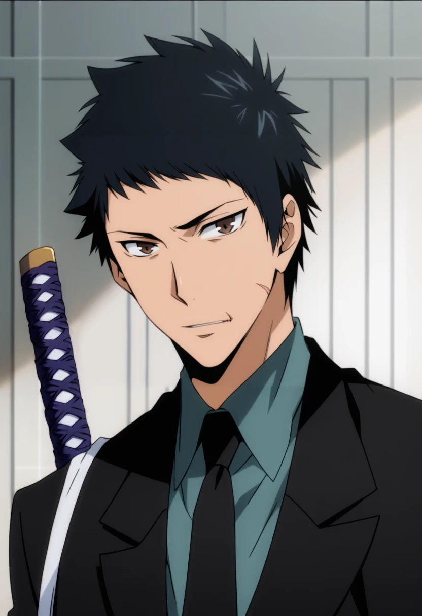 yamamoto_tyl, black hair, brown eyes, 1boy, scar on chin